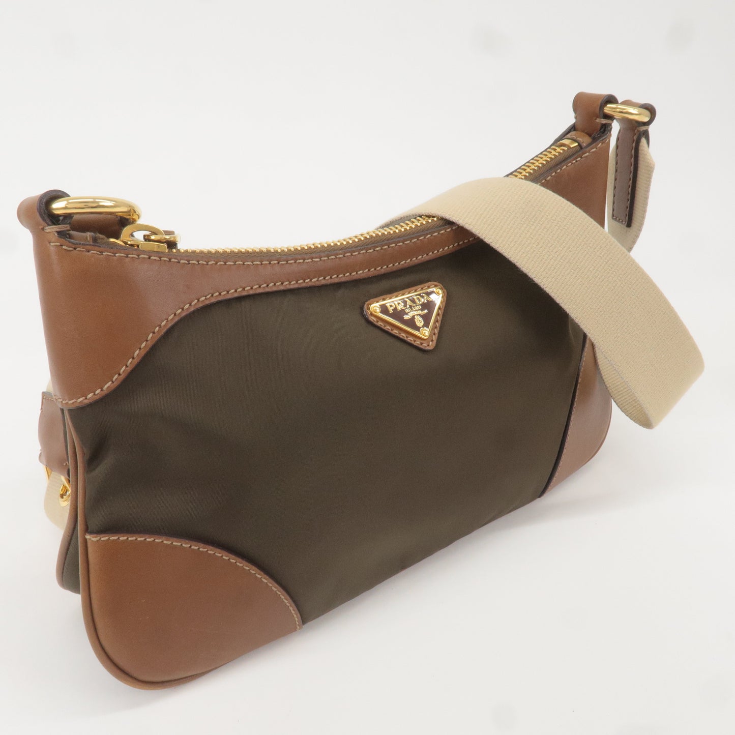 PRADA Logo Nylon Leather Shoulder Bag Brown Khaki BT0505