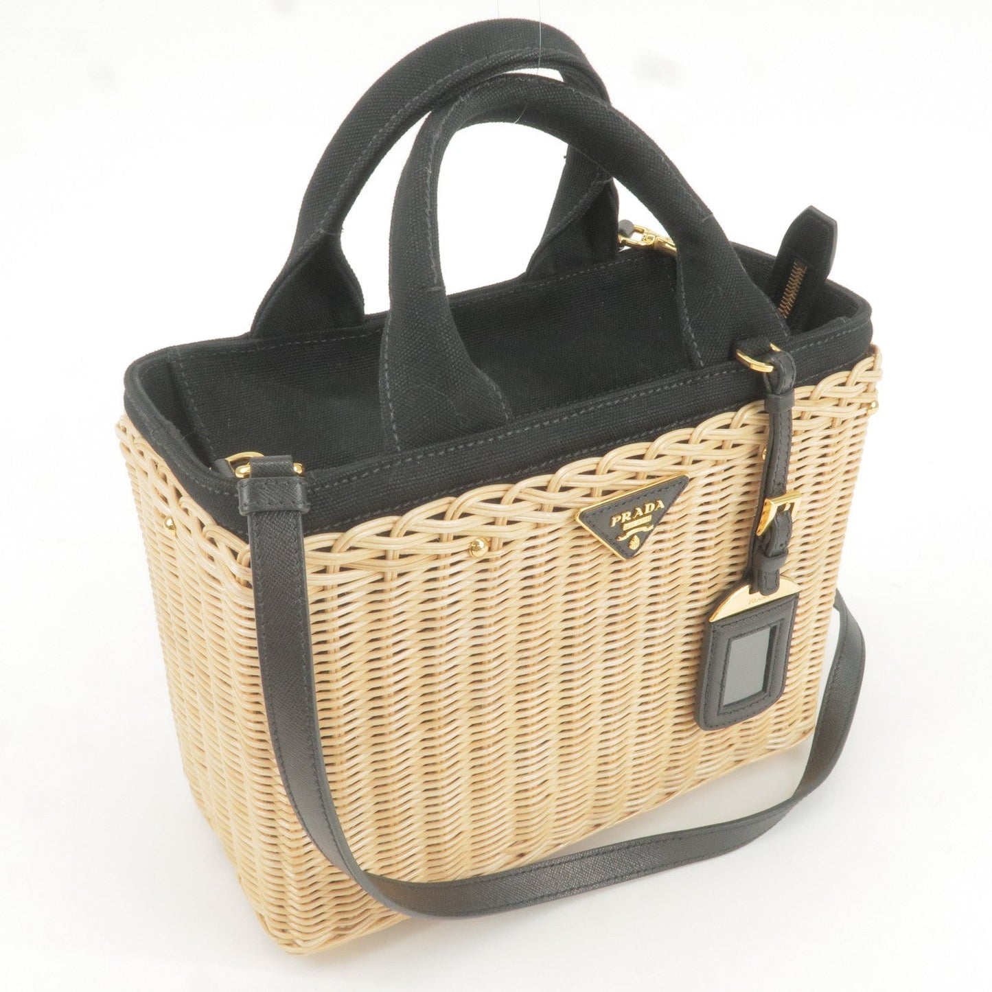 PRADA Wicker Canvas 2Way Basket Bag Hand Bag Black 1BG835