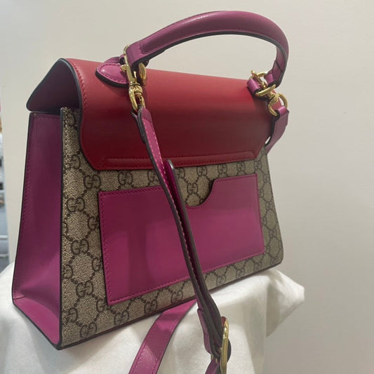 Gucci GG Supreme Padlock Top Handle Shoulder Bag,Red & Beige