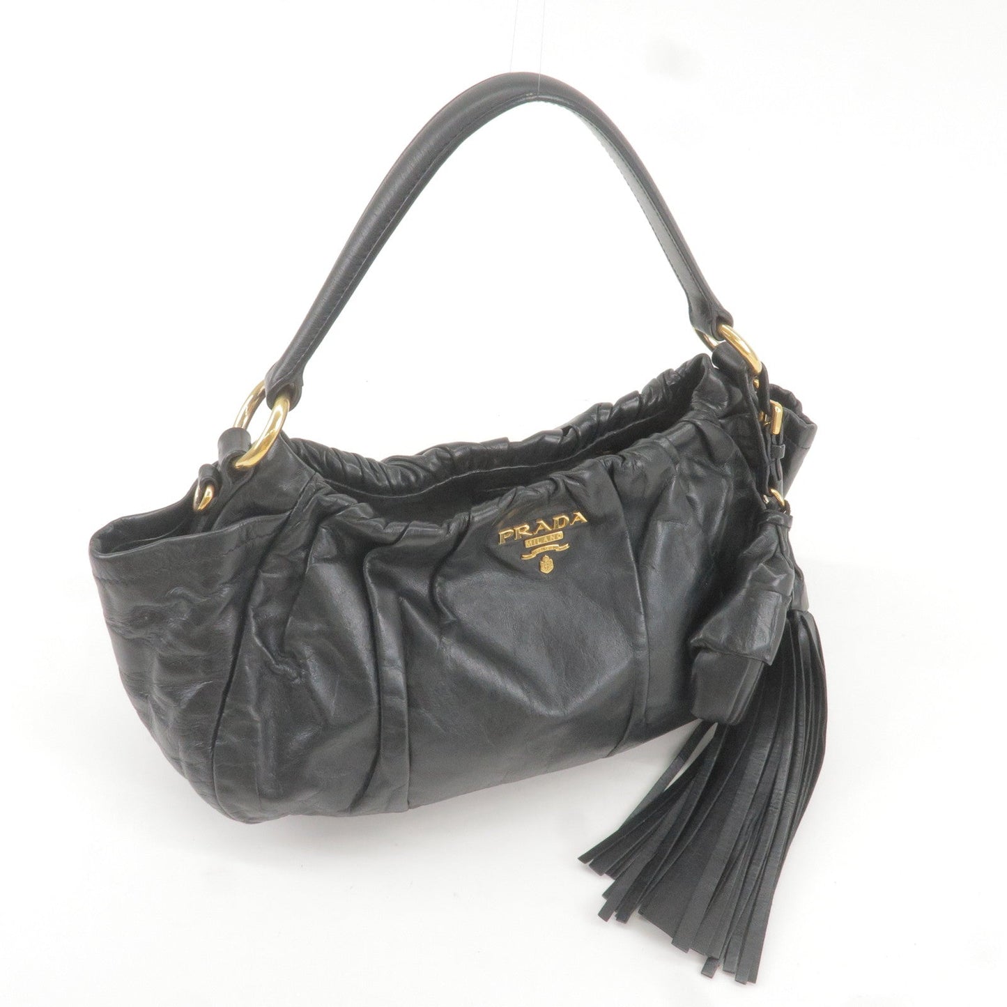 PRADA Logo Leather Shoulder Bag With Tassel Black