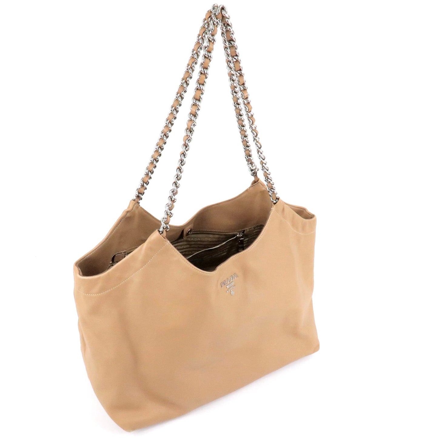 PRADA Logo Leather Chain Tote Bag Beige