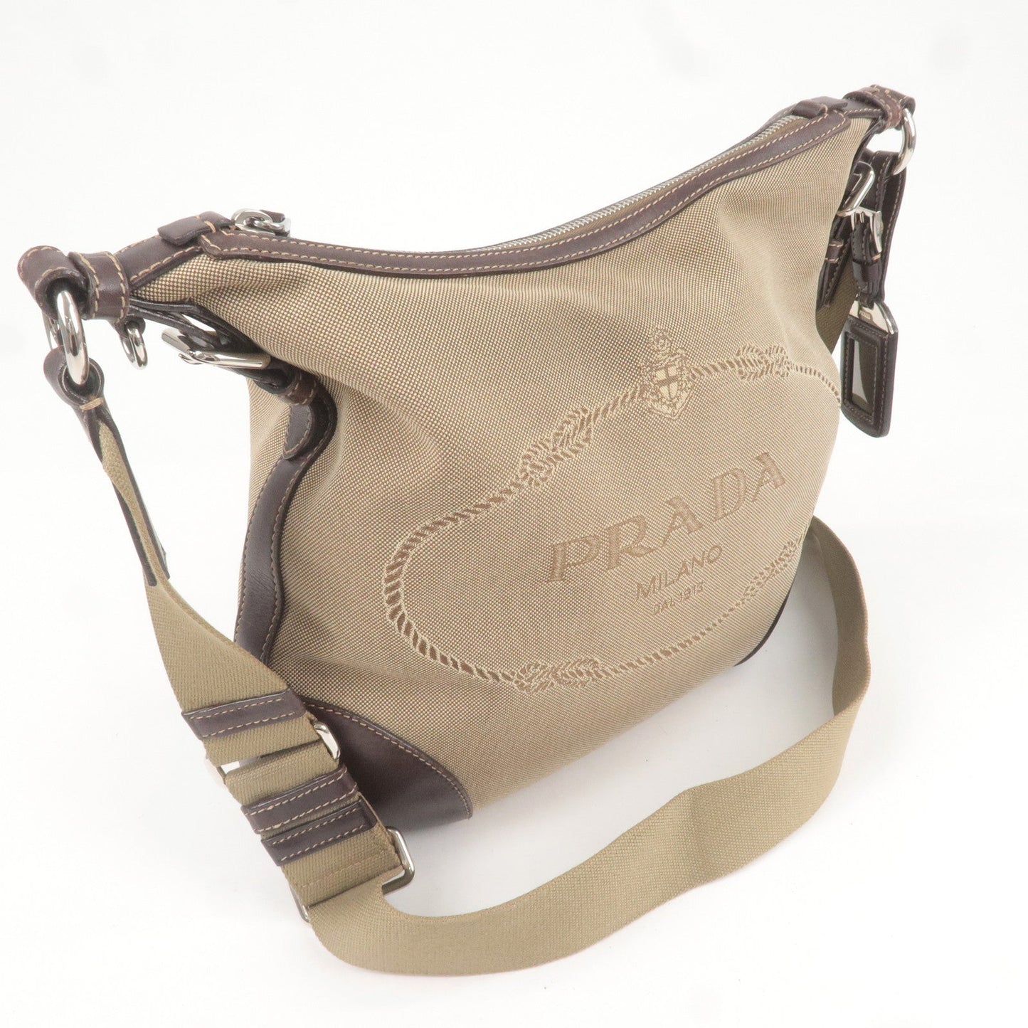 PRADA Logo Jacquard Leather Shoulder Bag Beige Brown