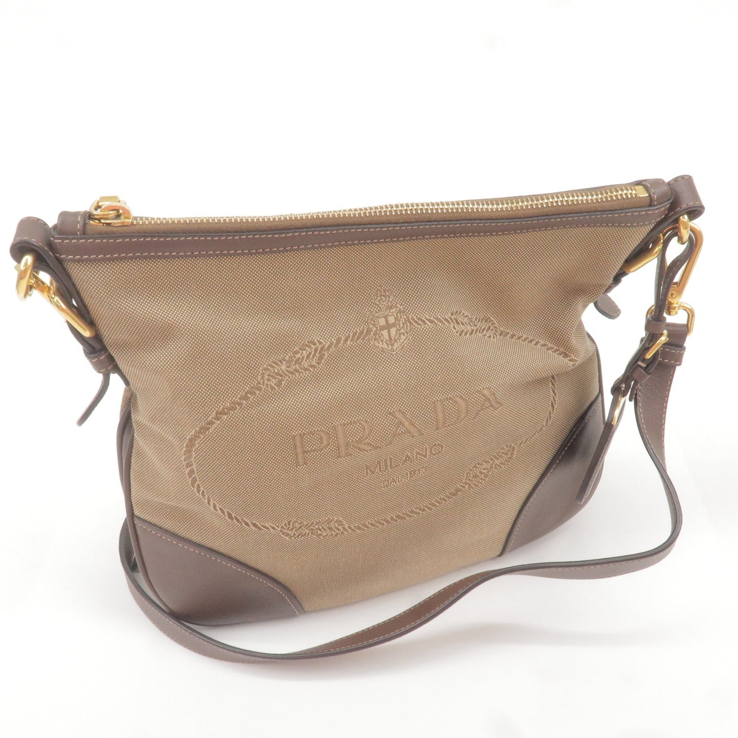 PRADA Logo Jacquard Leather Shoulder Bag Beige Brown BT867A