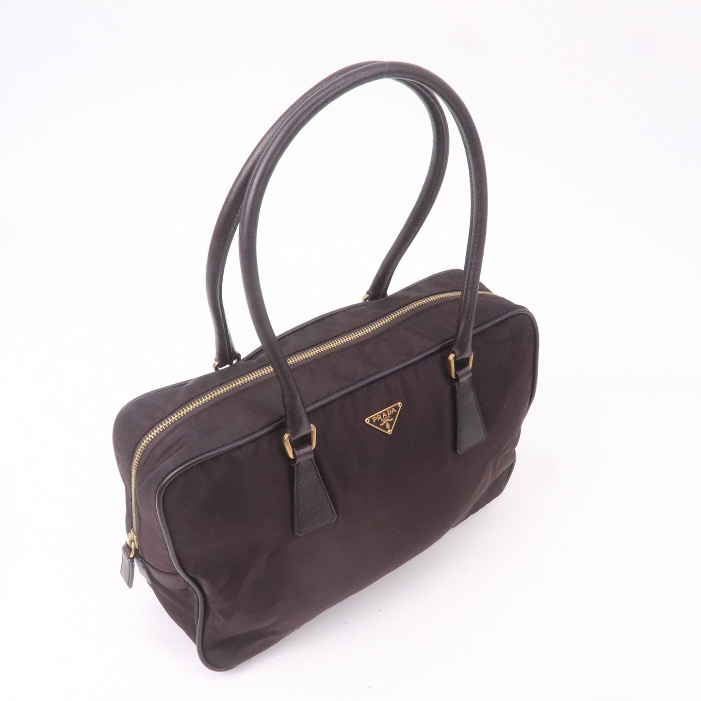 PRADA Nylon Leather Hand Bag Shoulder Bag Brown BL0106