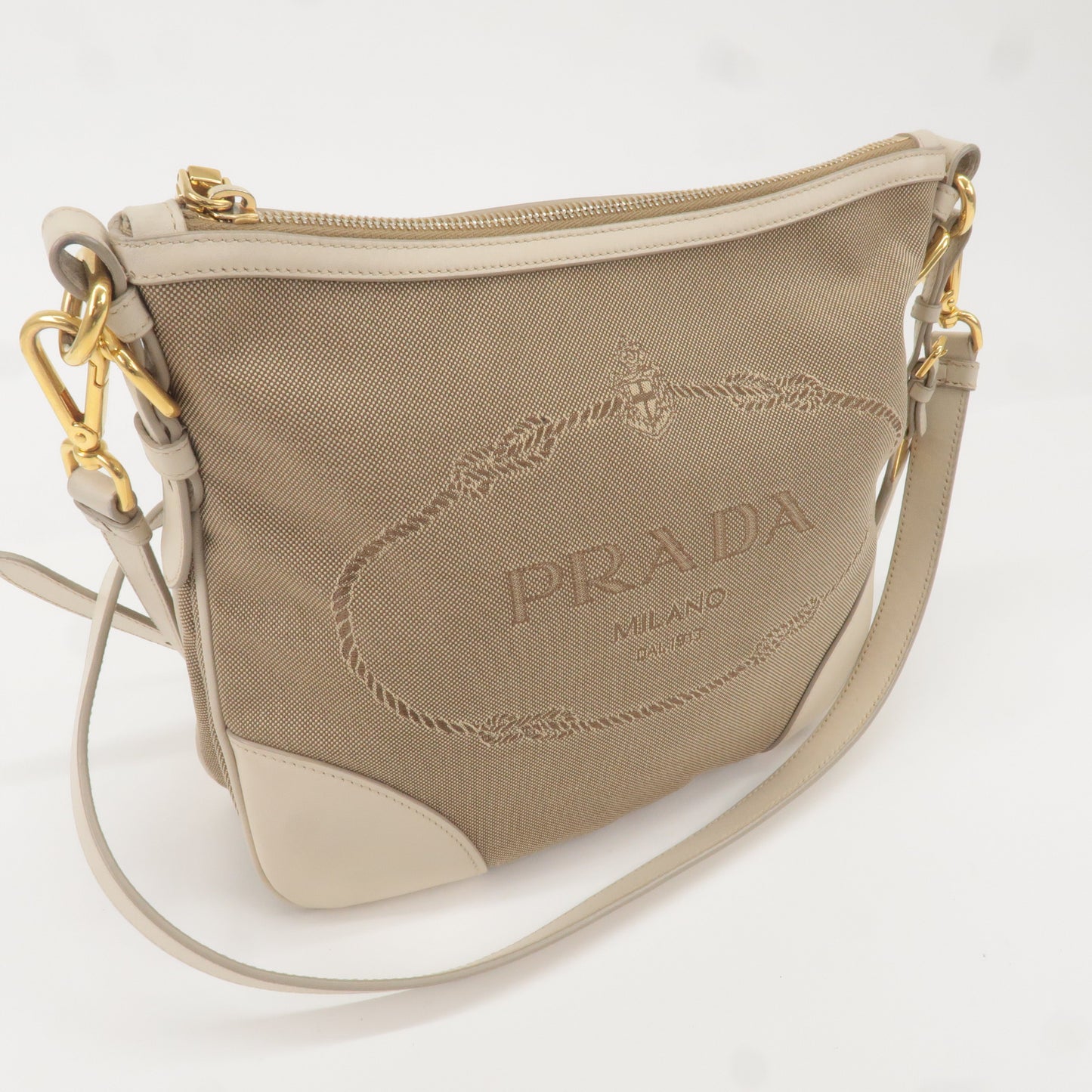 PRADA Logo Jacquard Canvas Leather Shoulder Bag Beige Ivory