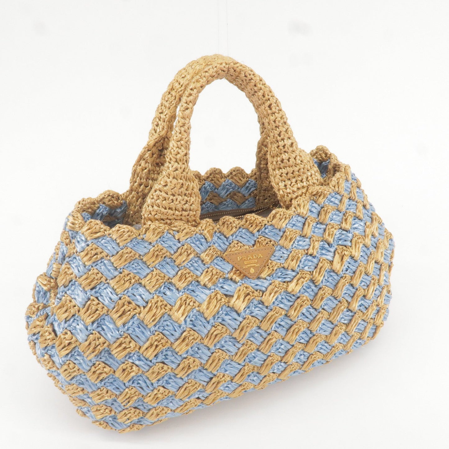 PRADA Raffia Crochet Canapa Tote Bag Blue Beige BN2303