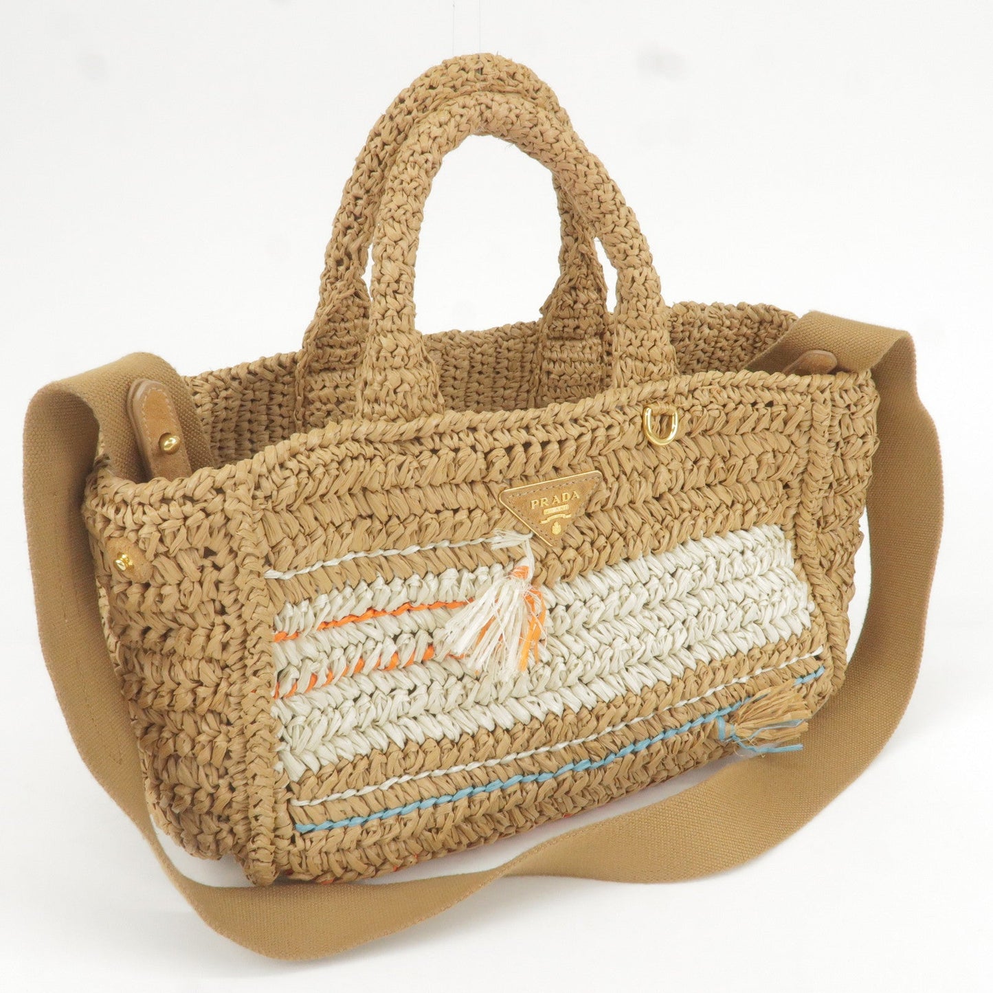 PRADA Raffia Tricot Canapa 2WAY Basket Bag Hand Bag Caramel Orange