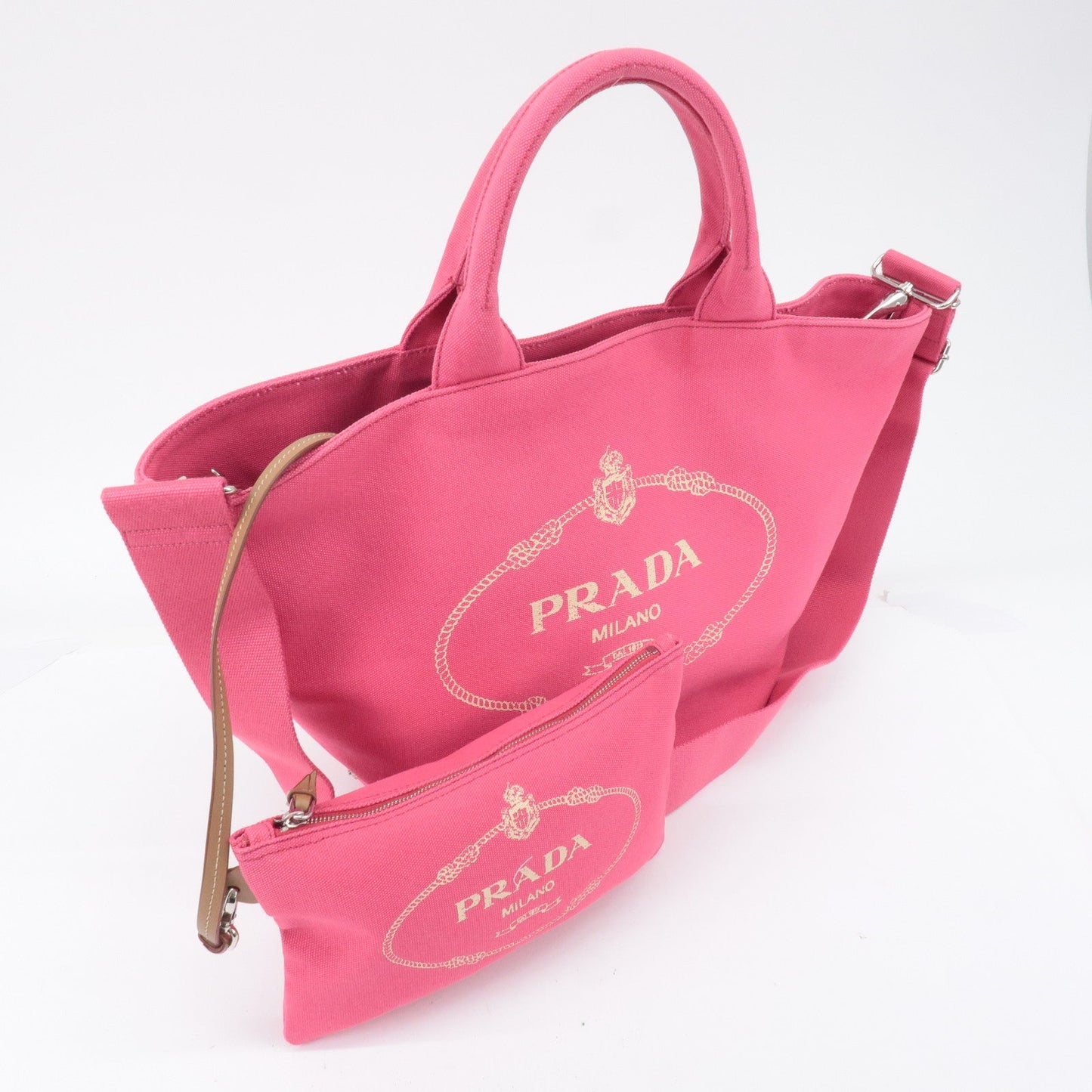 PRADA Logo Canapa Canvas Leather Fabric 2Way Bag Pink 1BG163