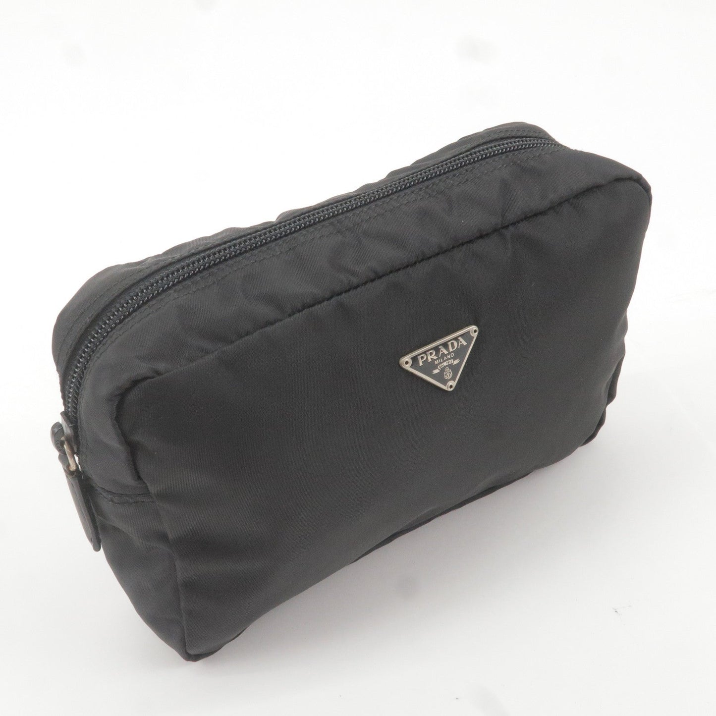 PRADA Logo Nylon Leather Pouch Cosmetic Bag NERO Black MV348