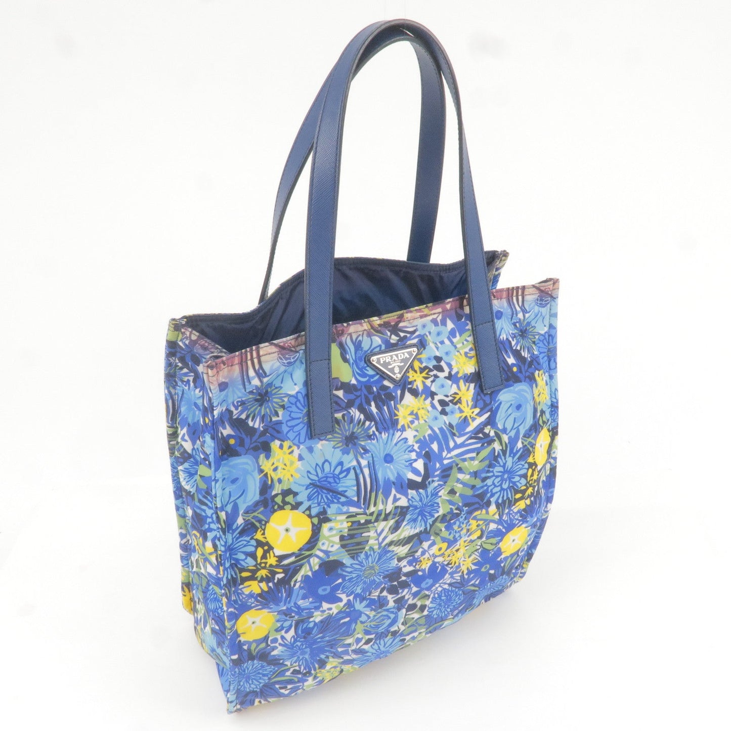 PRADA Logo Nylon Leather Tote Bag Floral Print Blue BN2851