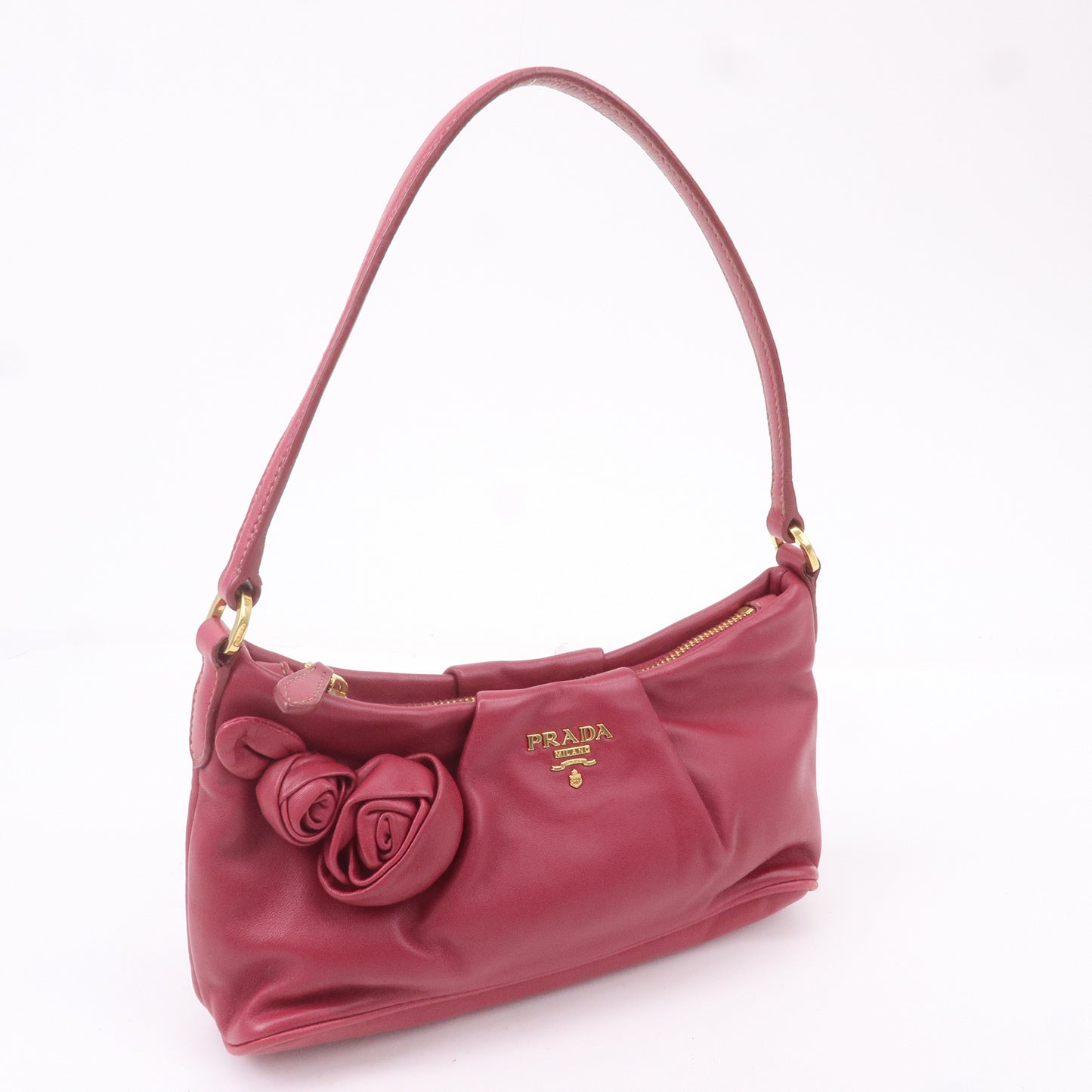 PRADA Leather Rose Corsage Hand Bag Pouch Pink 1N1439