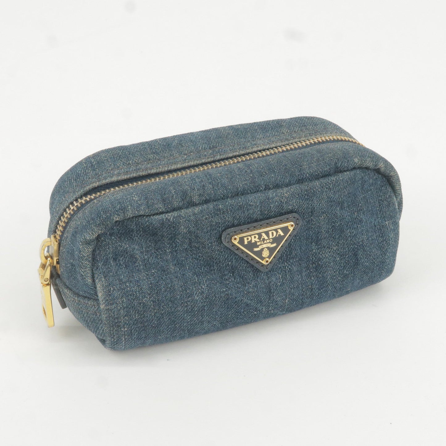 PRADA Logo Denim Cosmetic Pouch Clutch Bag Navy Gold Metal