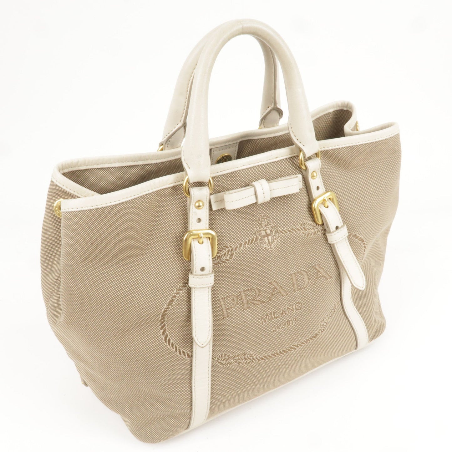 PRADA Logo Jacquard Leather 2Way Bag Hand Bag Beige BN1841