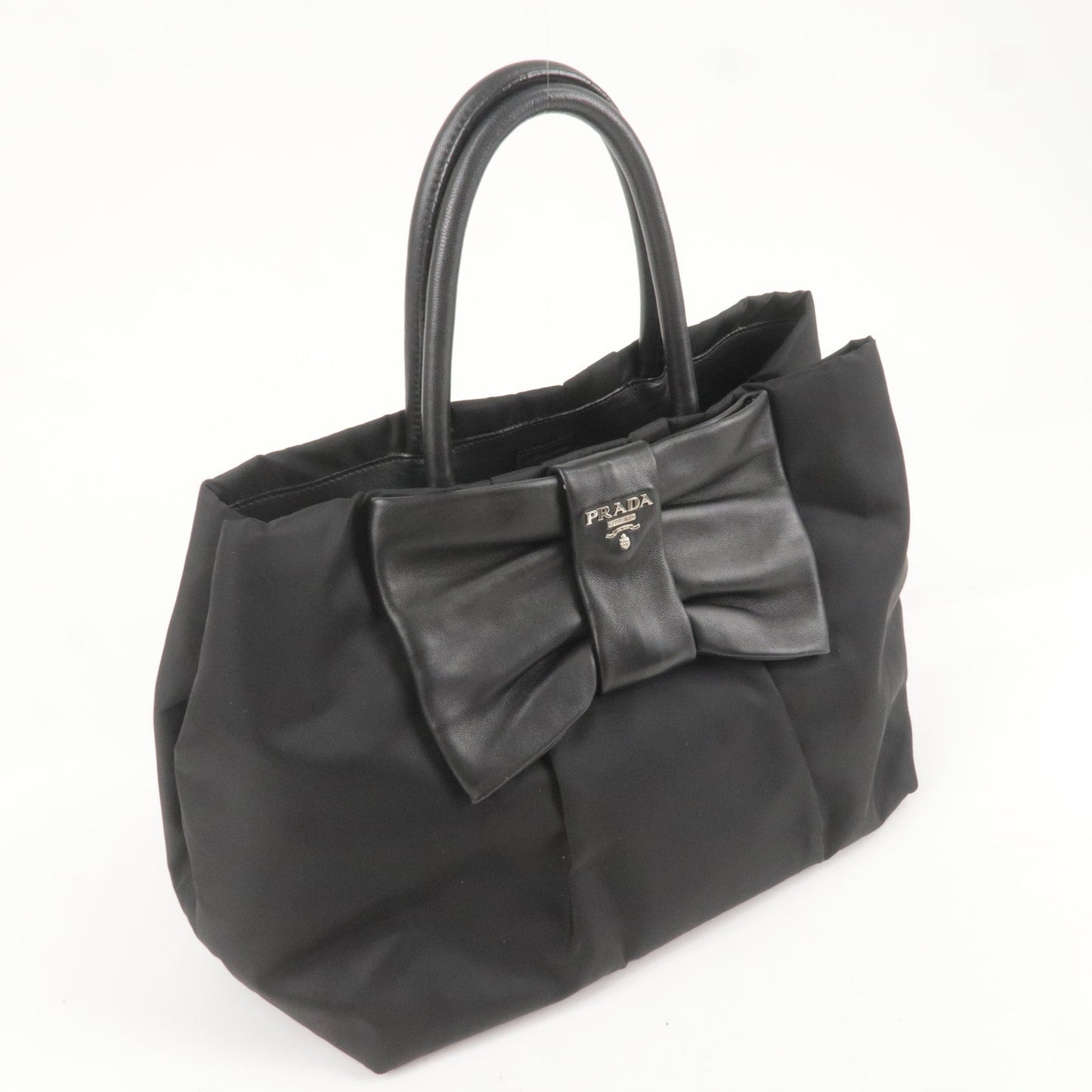 PRADA Logo Nylon Leather Ribbon Tote Bag Black NERO BN1601