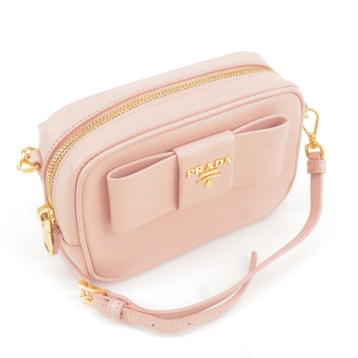 PRADA Logo Ribbon Leather Shoulder Bag Mini Purse Pink 1NF674