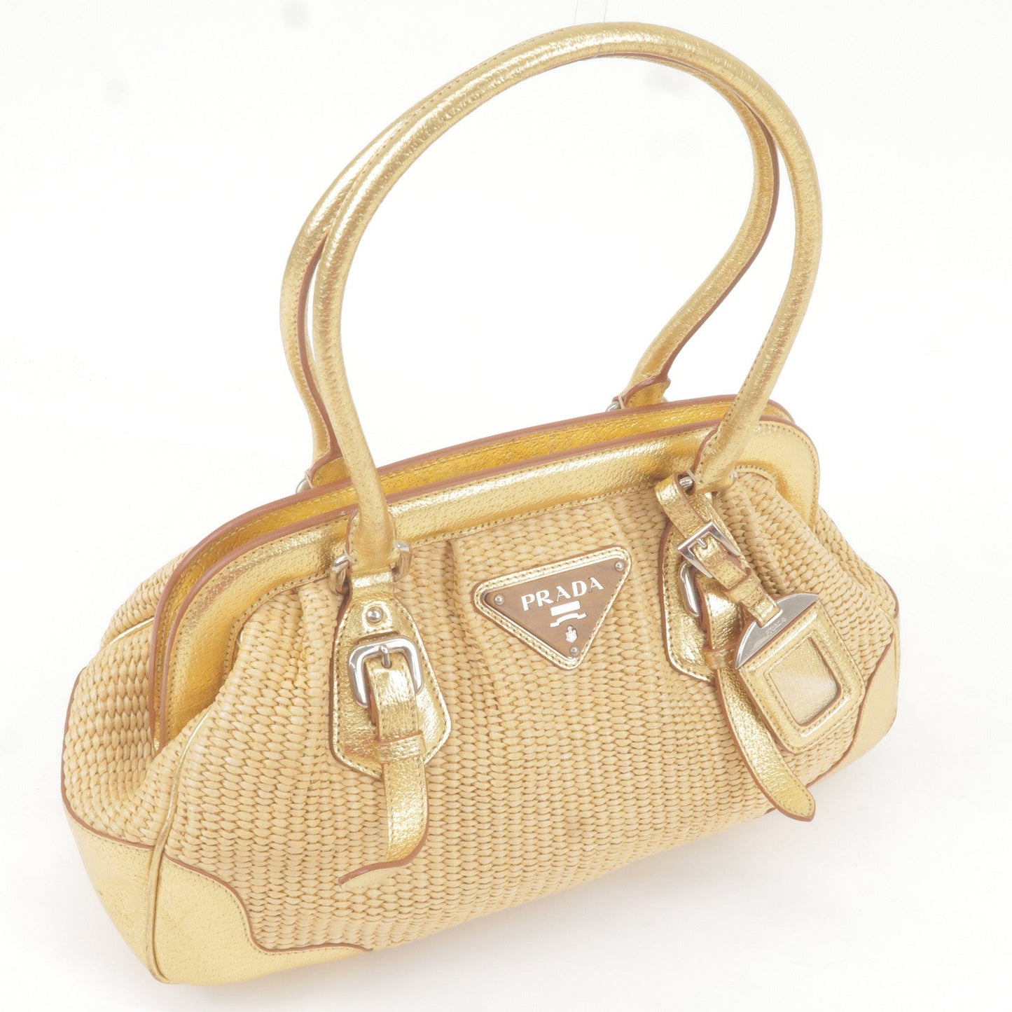 PRADA Paglia Straw Leather Shoulder Bag Metalic Gold BR3509