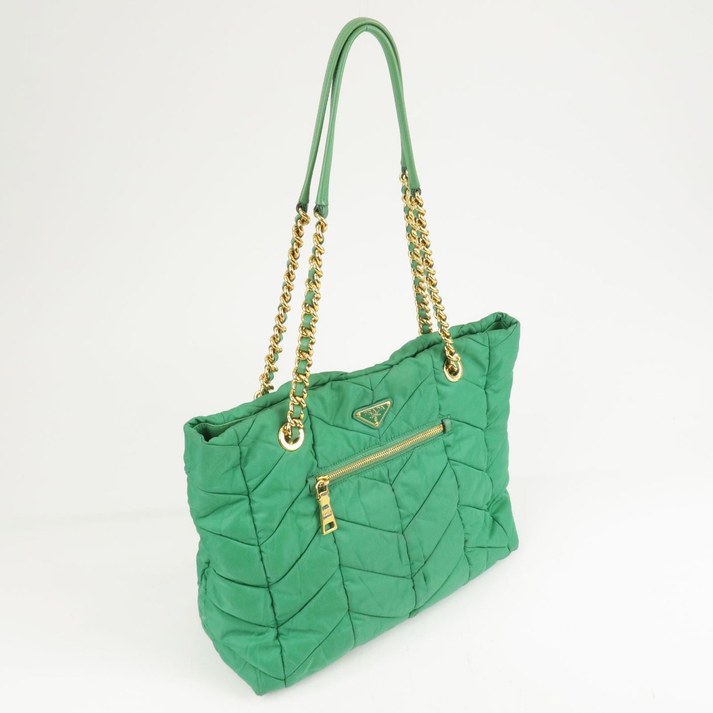 PRADA Logo Nylon Leather Chain Tote Bag Green BR4383