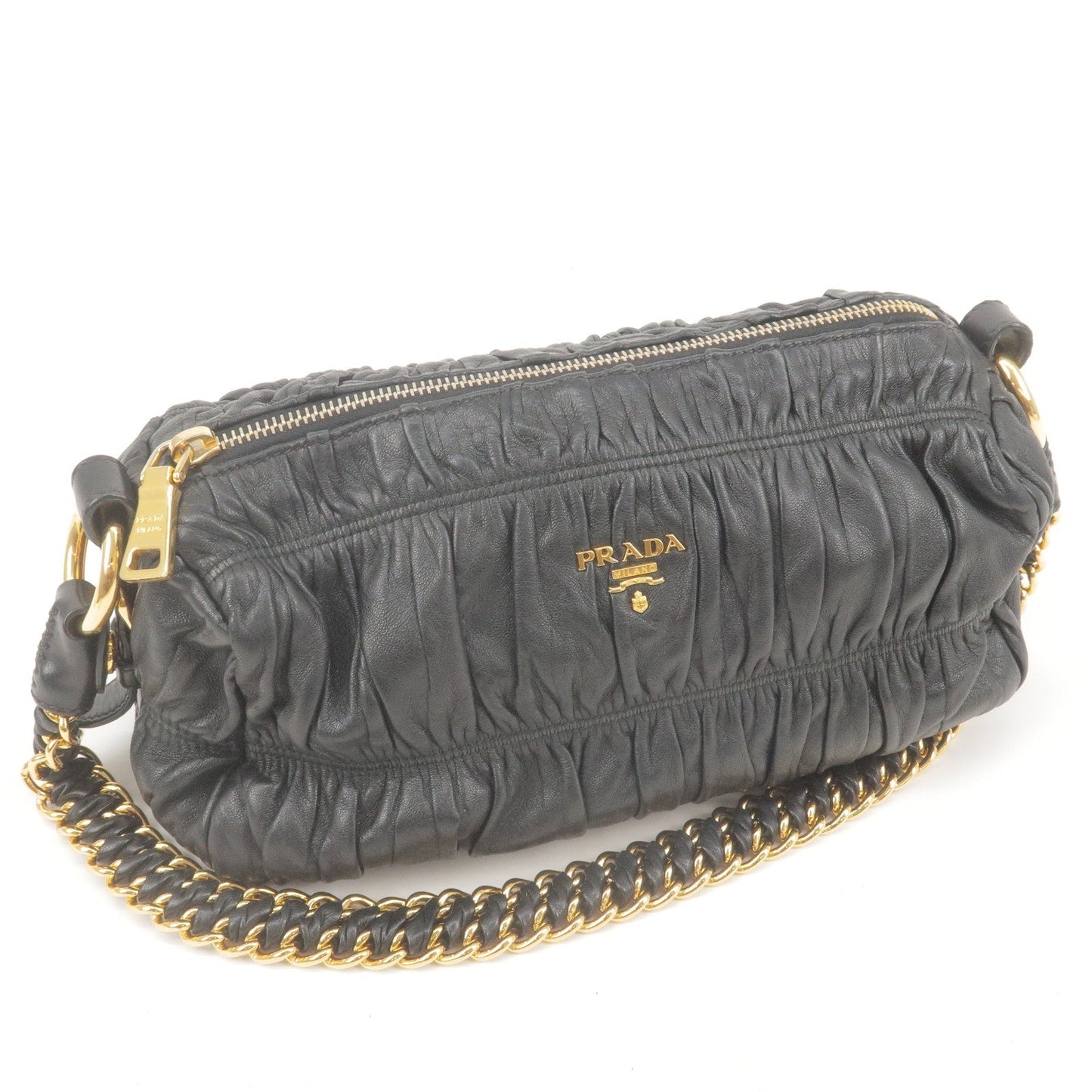 PRADA Leather Chain Gather Shoulder Bag NERO Black