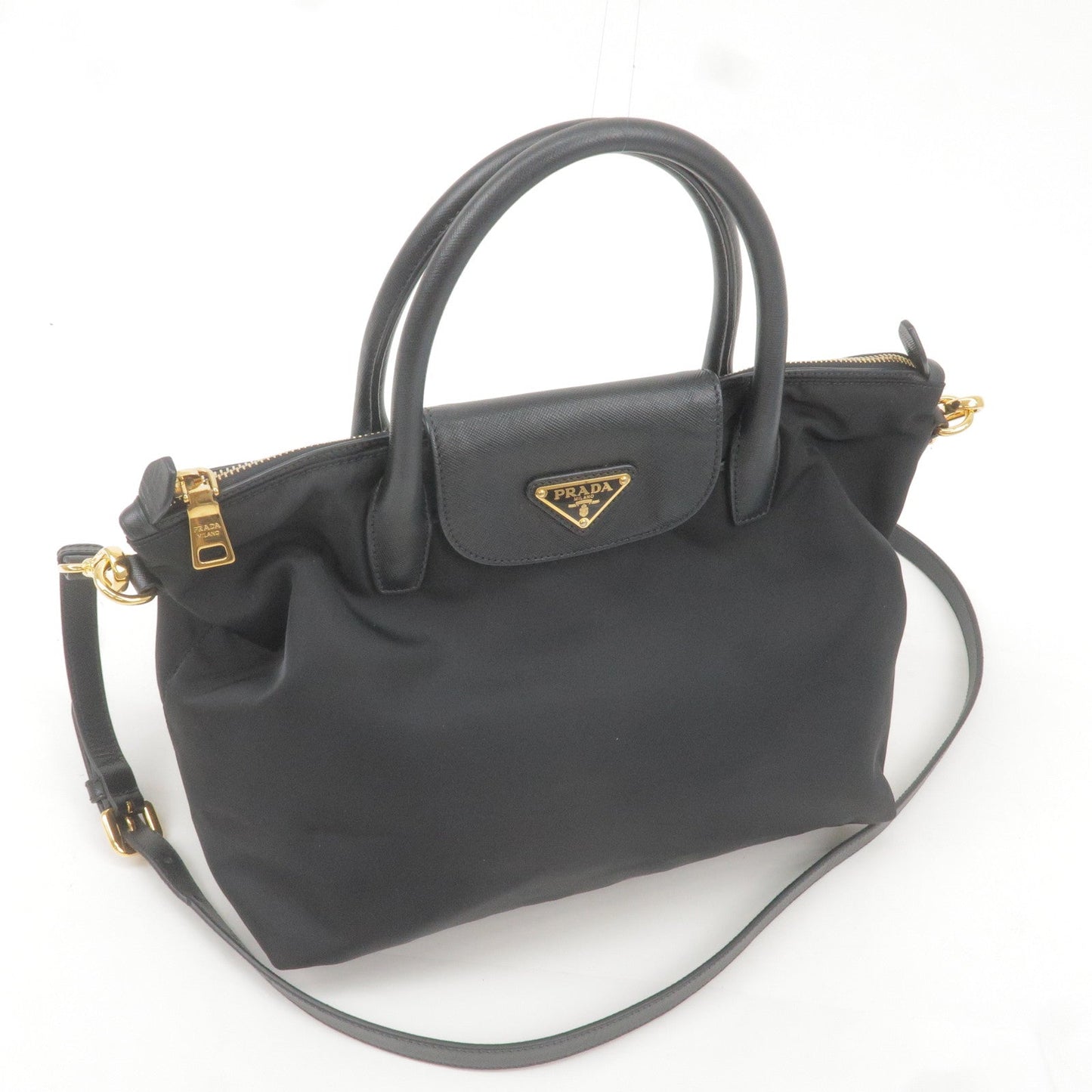 PRADA Logo Nylon Leather 2Way Bag Hand Bag NERO Black BN2106