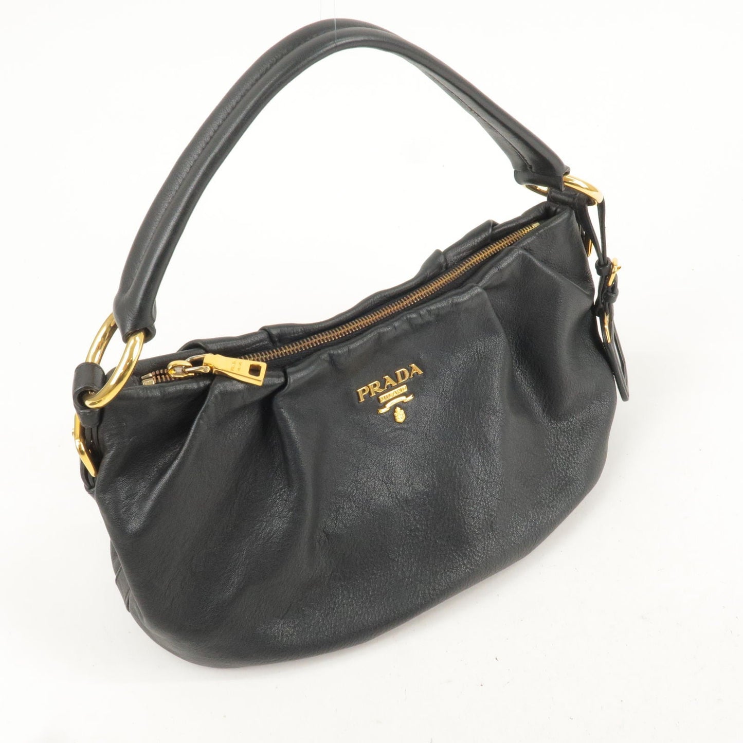 PRADA Logo Leather Shoulder Bag Black Gold Hardware