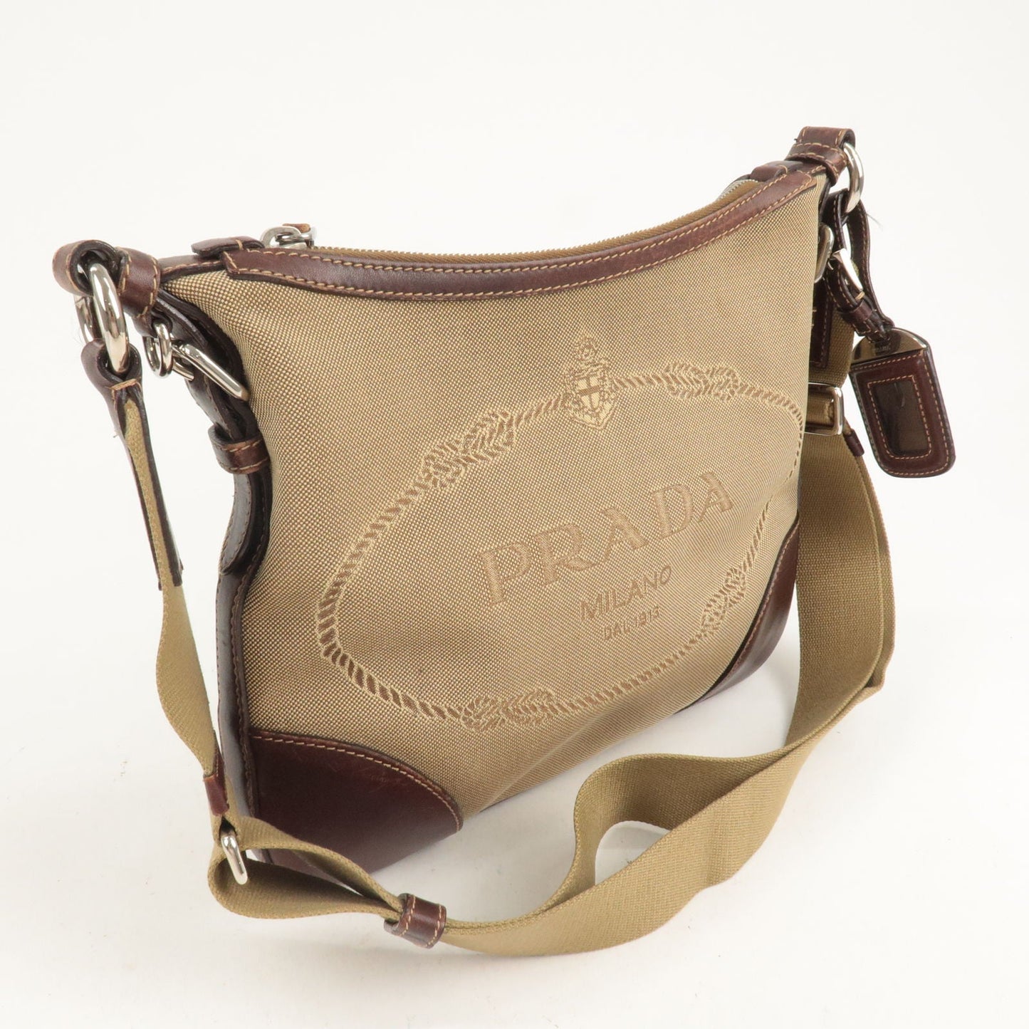 PRADA Logo Jacquard Leather Shoulder Bag Beige Brown BT0533