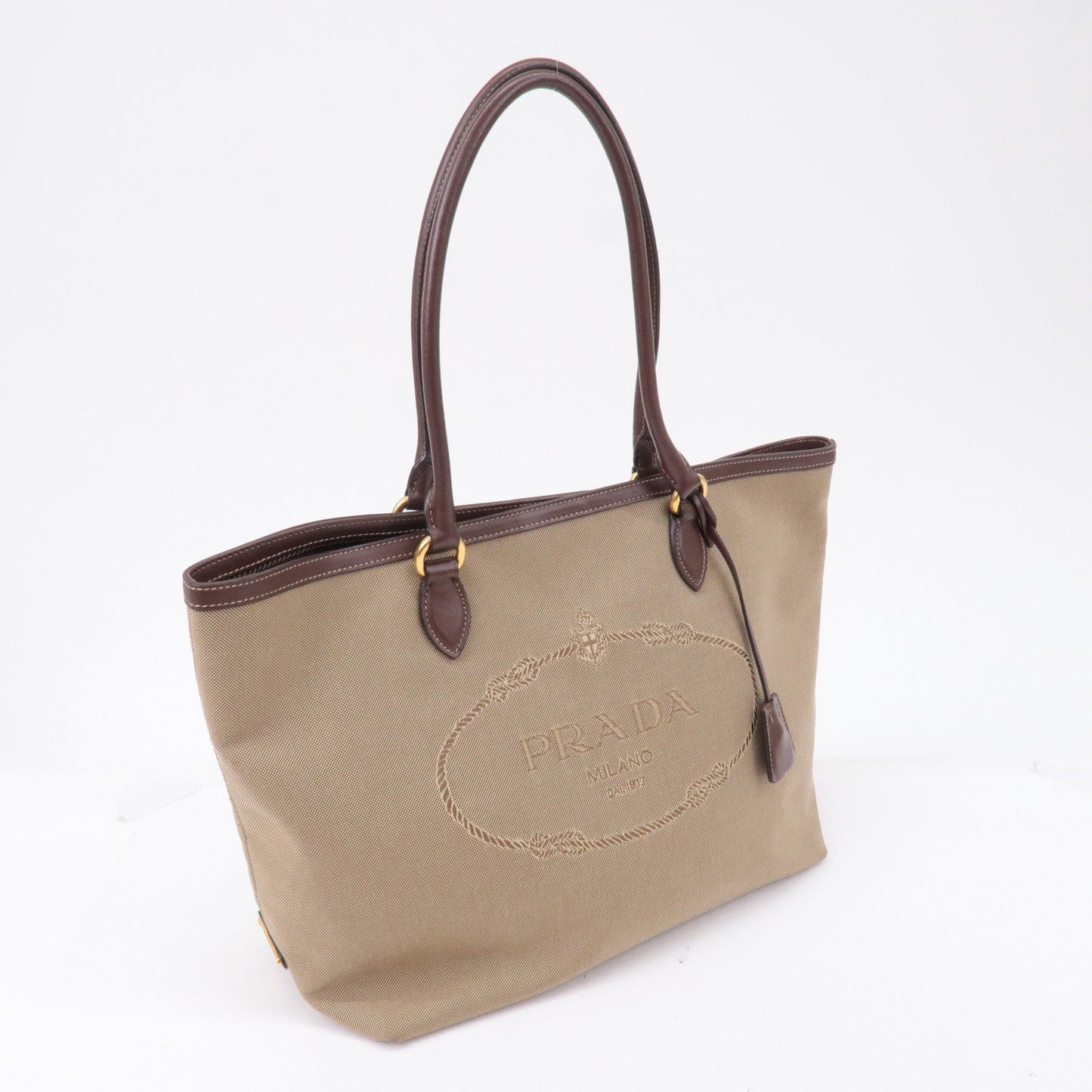 PRADA Logo Jacquard Leather Tote Bag Beige Brown 1BG158