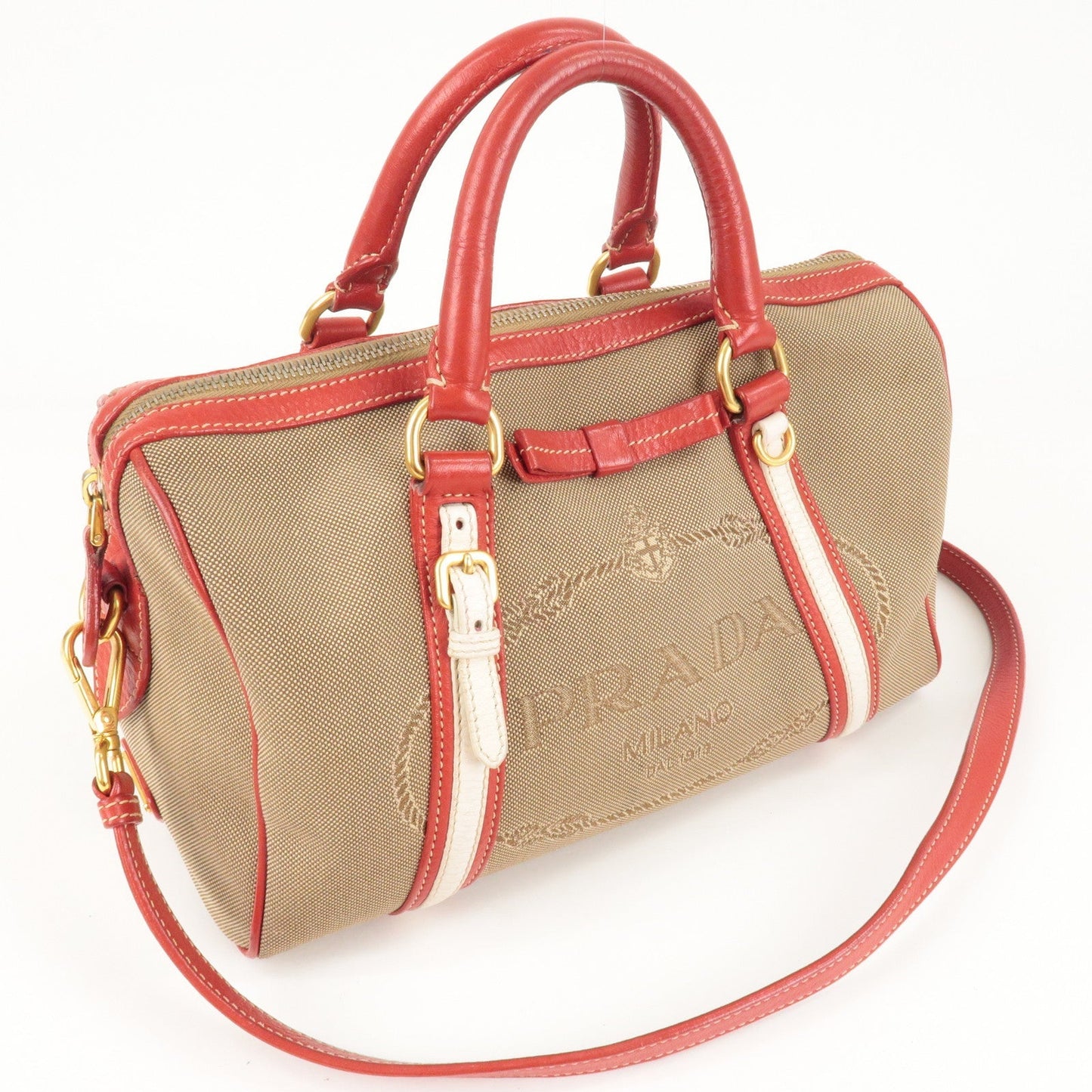 PRADA Logo Jacquard Canvas Leather 2Way Shoulder Bag Beige Red