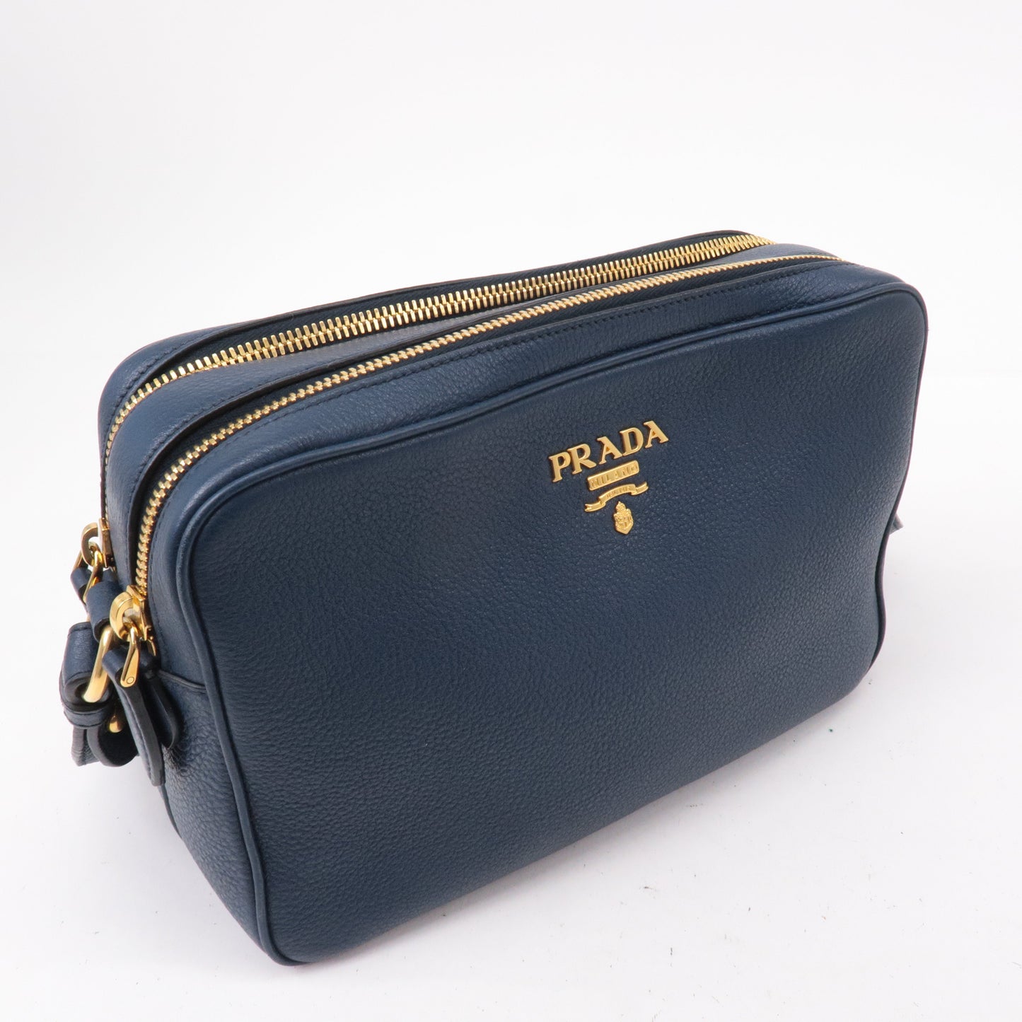 PRADA Logo Vitello Daino Leather Shoulder Bag Navy 1BH082