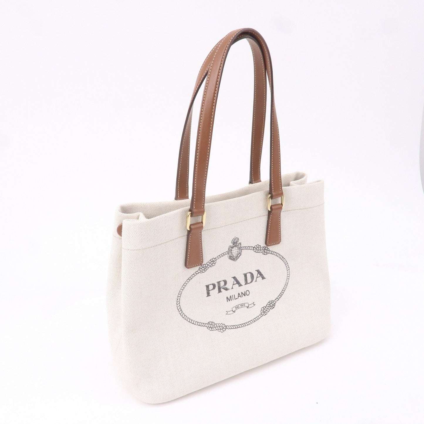 PRADA Logo Canvas Linen Leather Tote Bag Ivory Brown IBG356