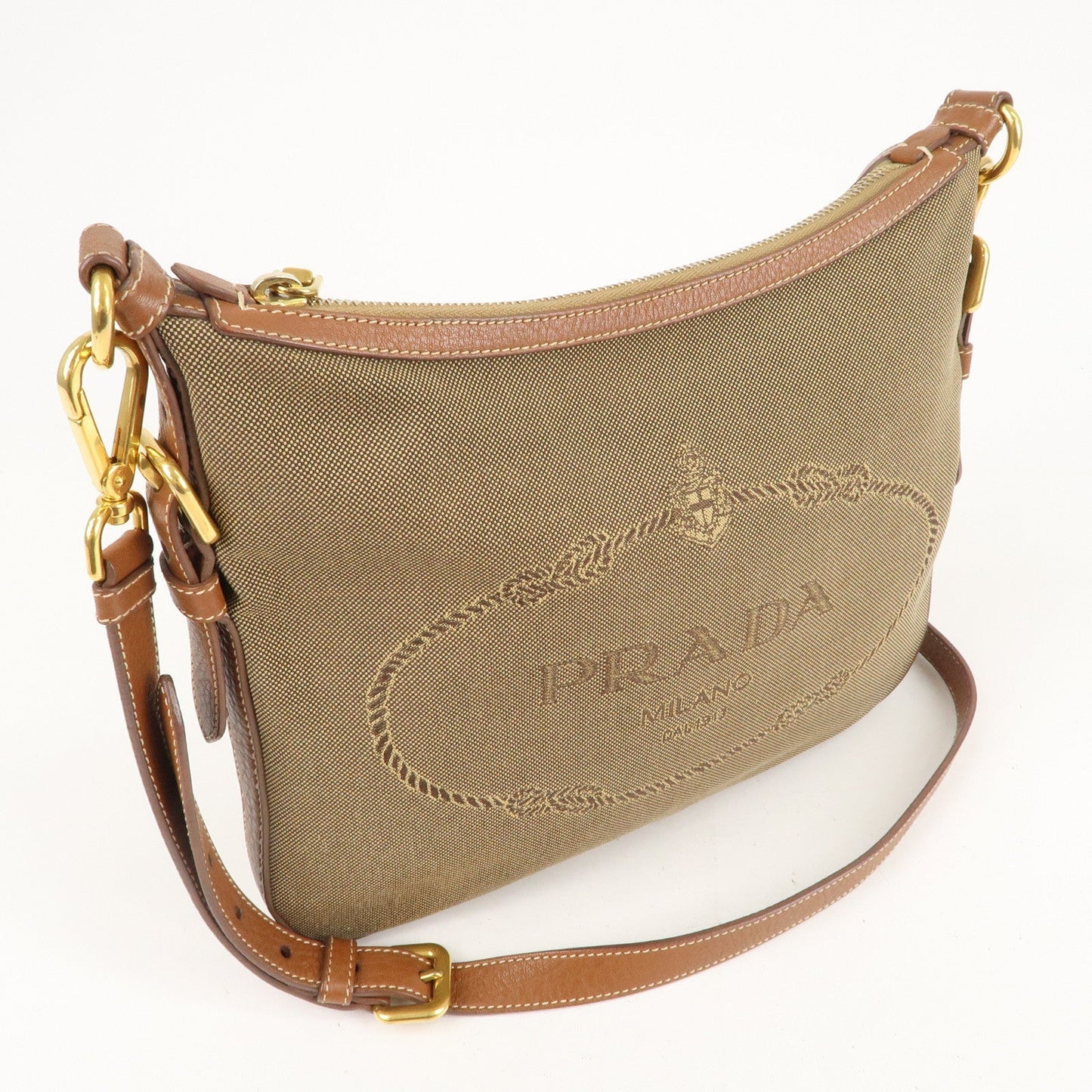 PRADA Logo Jacquard Leather Shoulder Bag Beige Brown BT0706