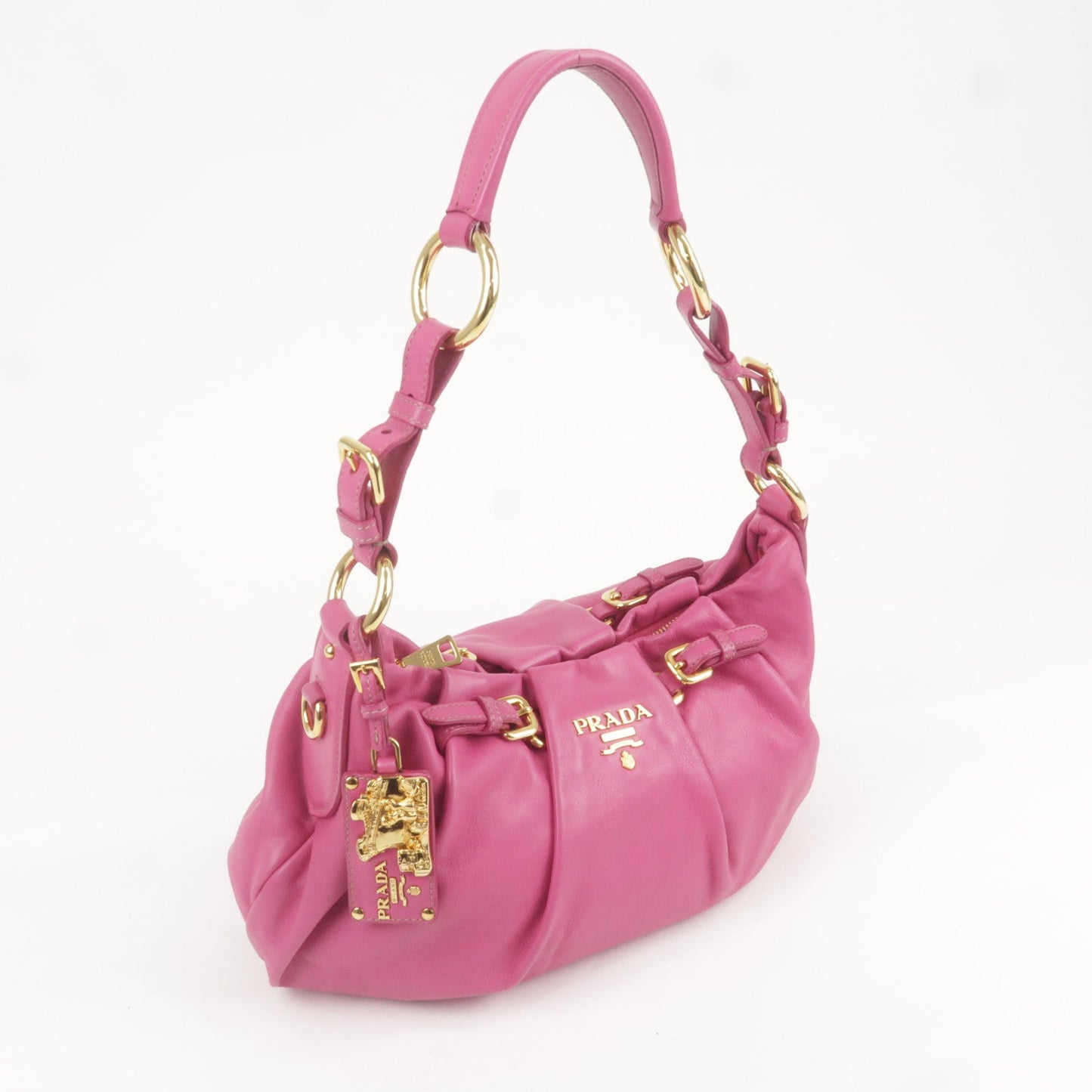 PRADA Logo Leather Shoulder Bag Pink Gold BR3795