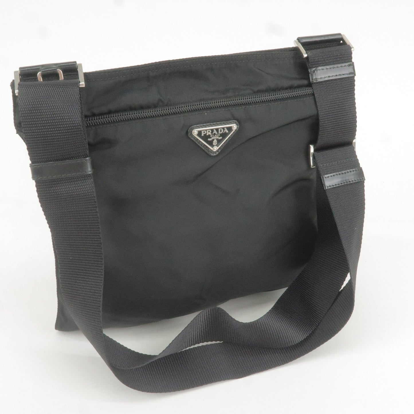 PRADA Logo Nylon Leather Shoulder Bag Black 1BH978