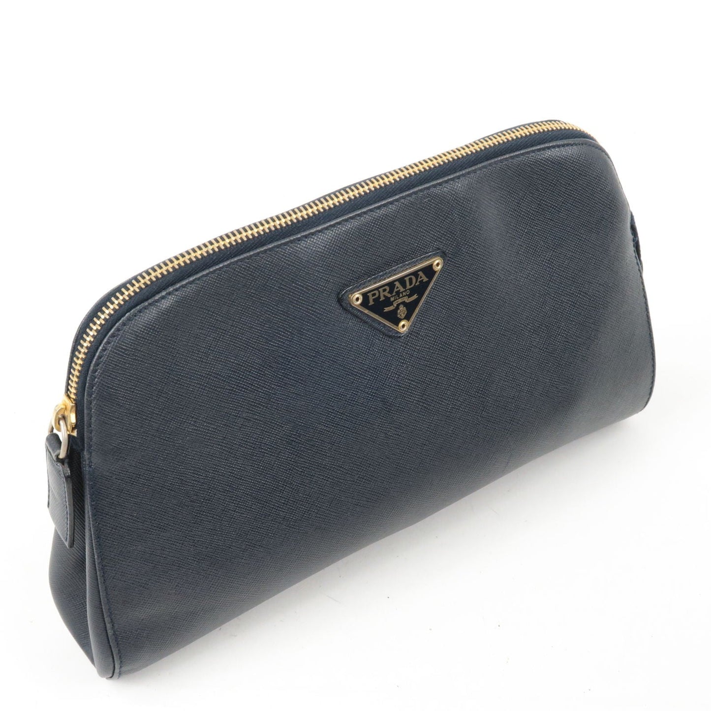 PRADA Logo Leather Clutch Bag Pouch Purse Navy