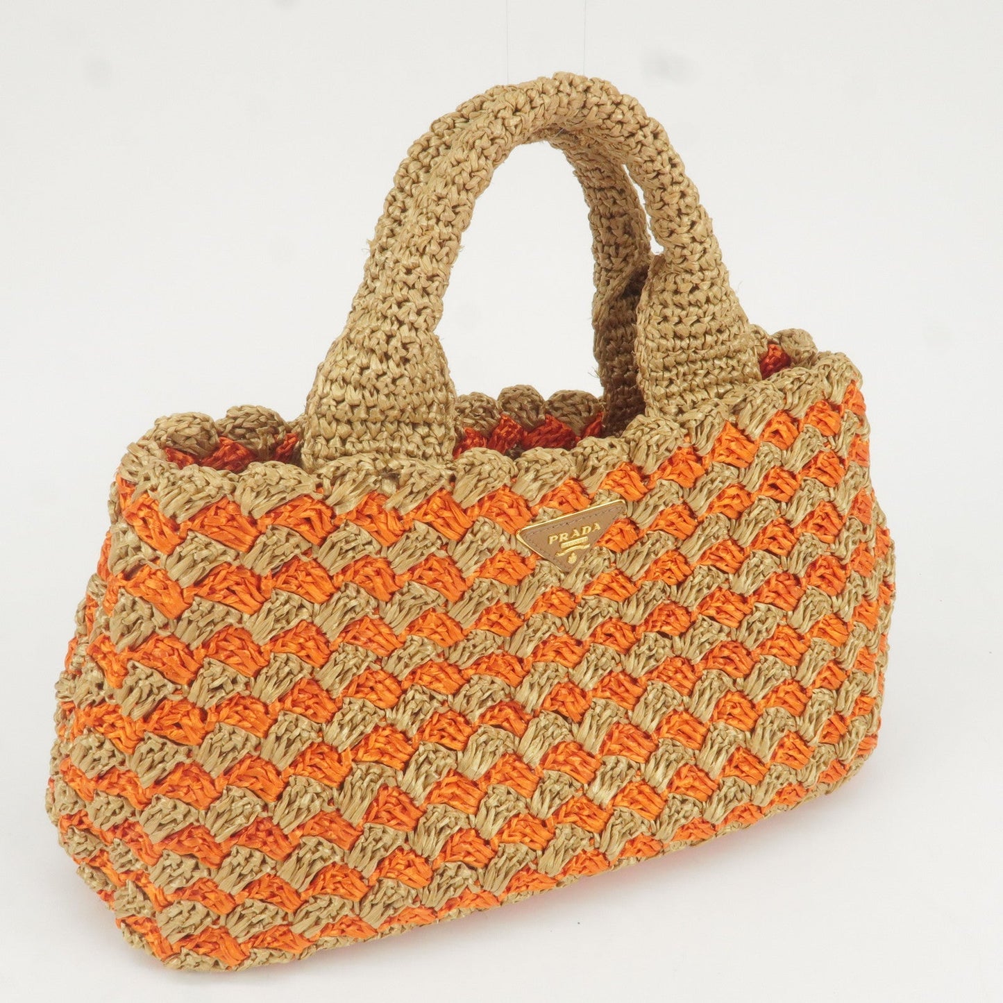 PRADA Logo Raffia Crochet Tote Bag Hand Bag Brown Orange BN2303