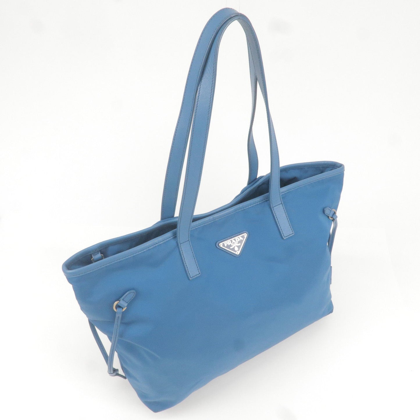 PRADA Logo Nylon Leather Tote Bag Hand Bag Blue