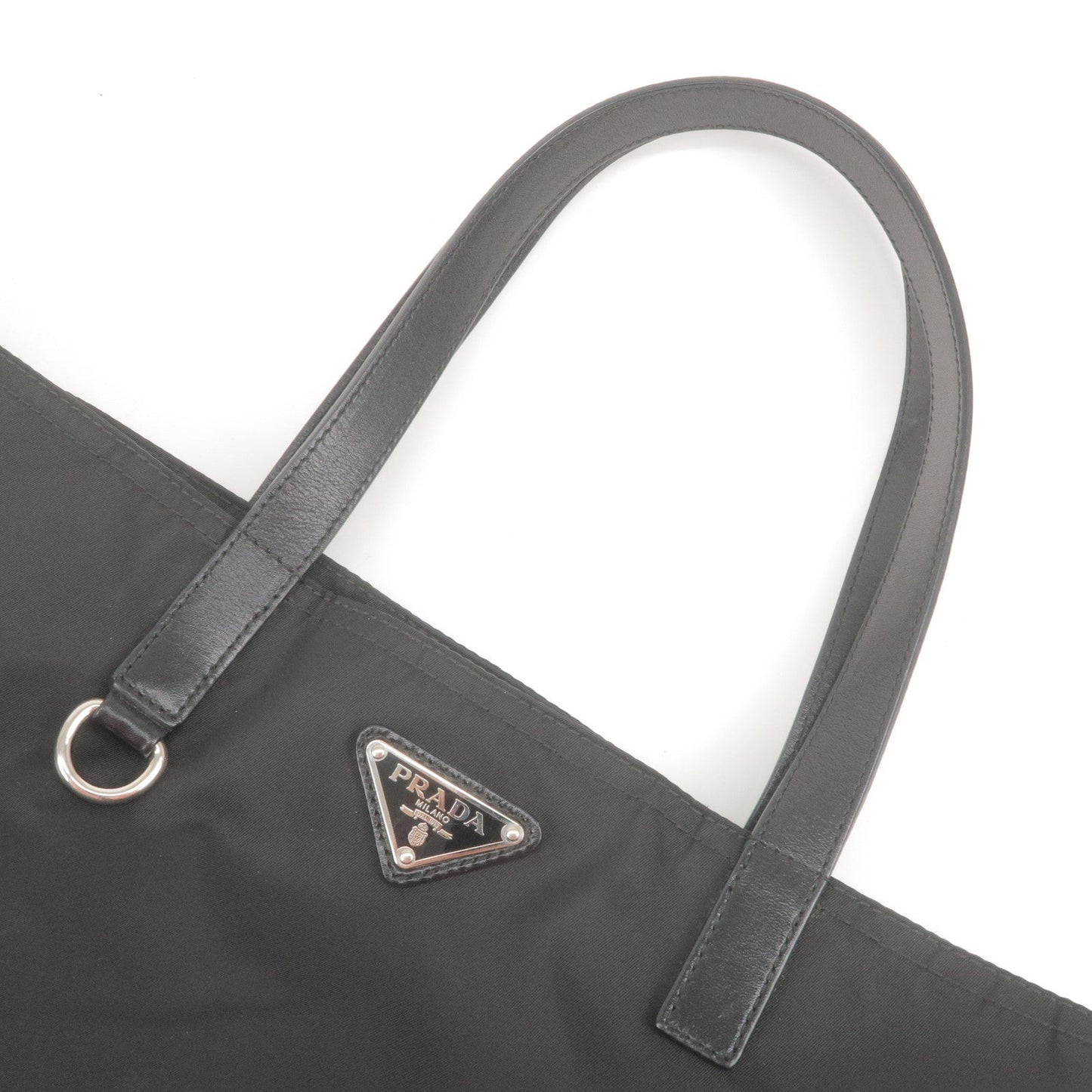 PRADA Logo Nylon Leather Tote Bag Black BR4263