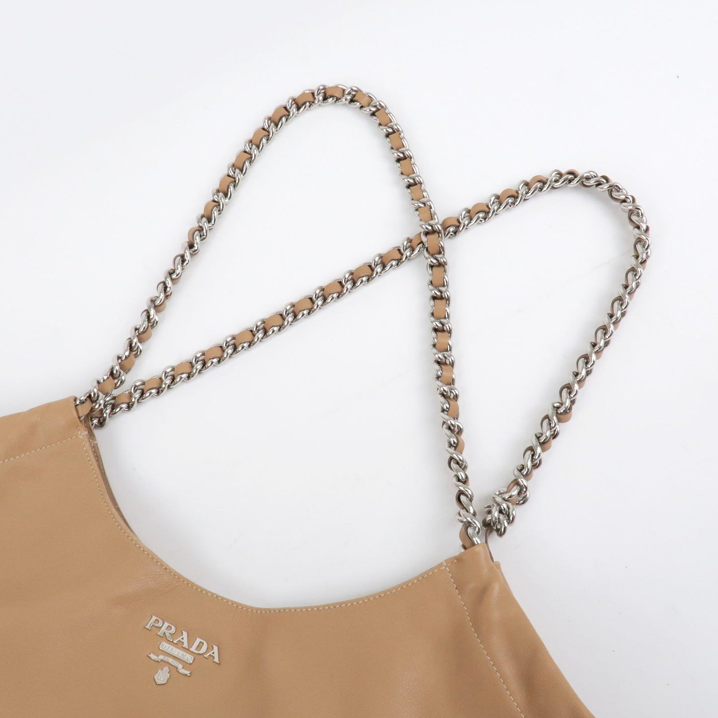 PRADA Logo Leather Chain Tote Bag Beige