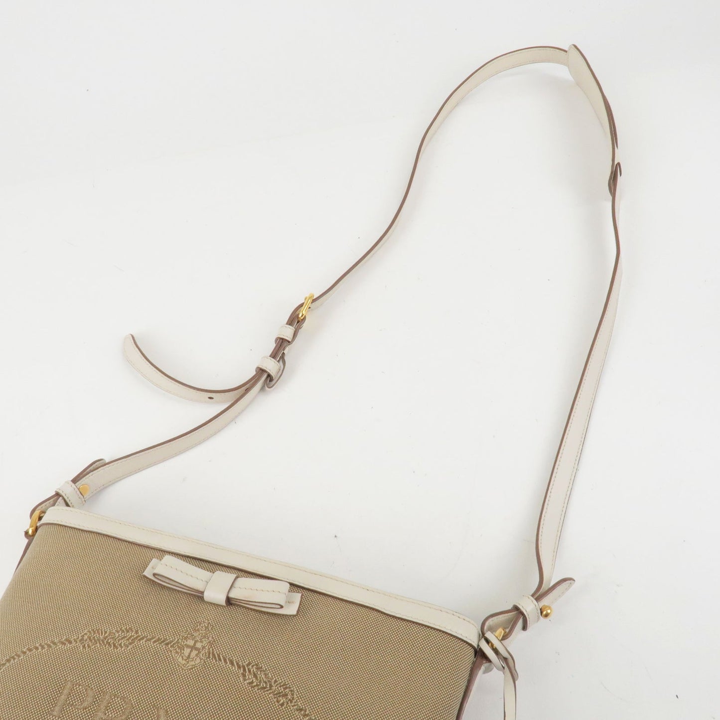 PRADA Logo Jacquard Leather Shoulder Bag Beige Ivory 1BE021