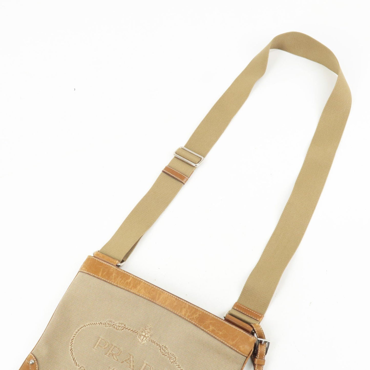 PRADA Logo Jacquard Leather Shoulder Bag Beige Brown BT0537