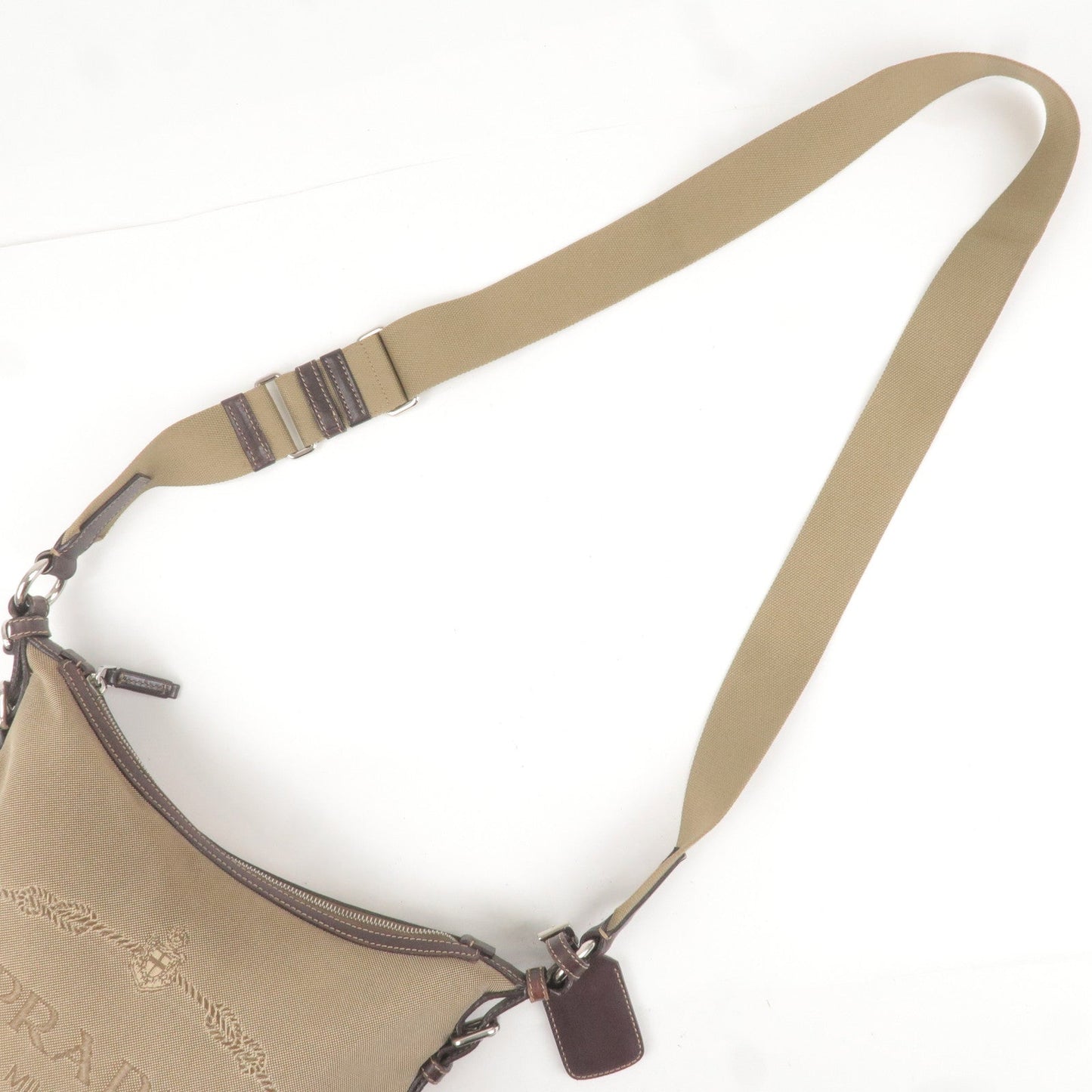 PRADA Logo Jacquard Leather Shoulder Bag Beige Brown