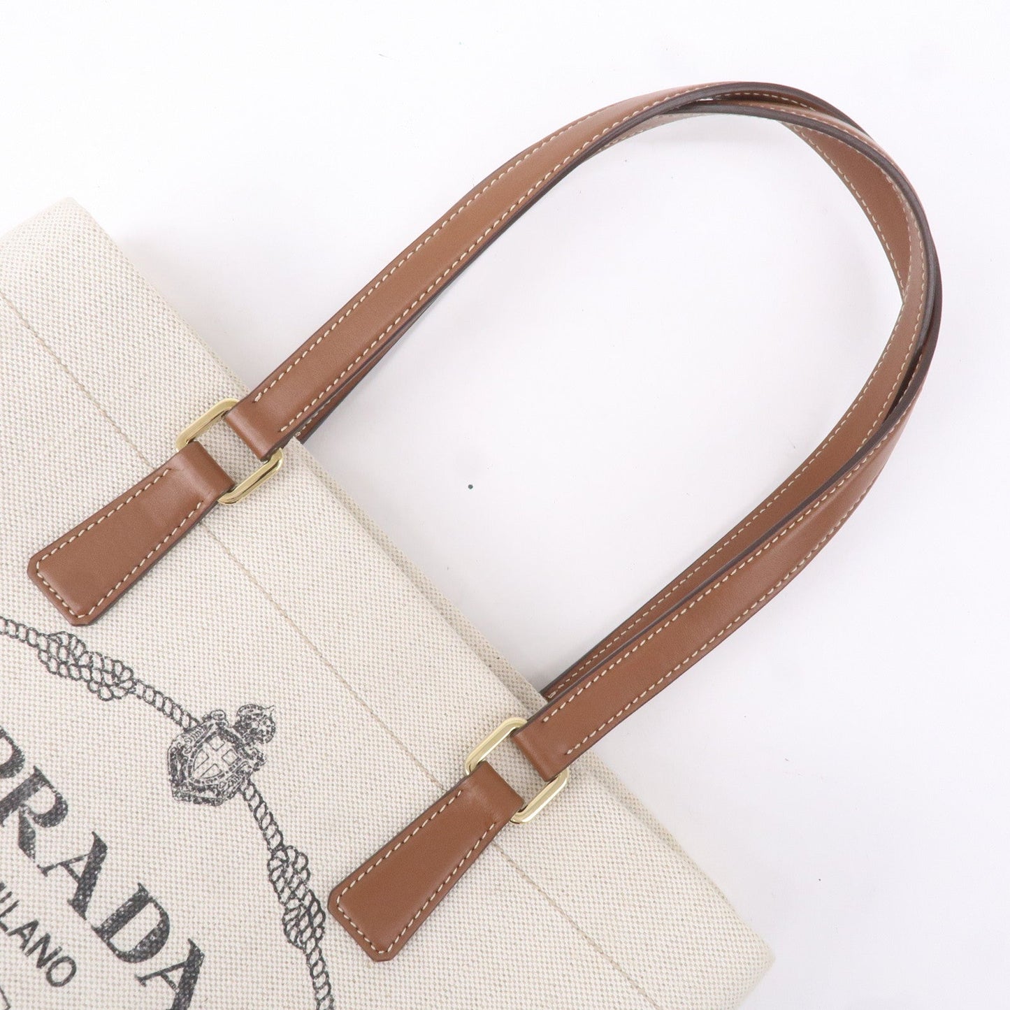 PRADA Logo Canvas Linen Leather Tote Bag Ivory Brown IBG356