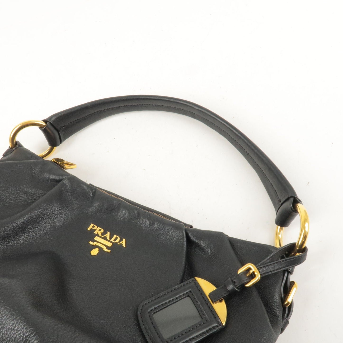 PRADA Logo Leather Shoulder Bag Black Gold Hardware