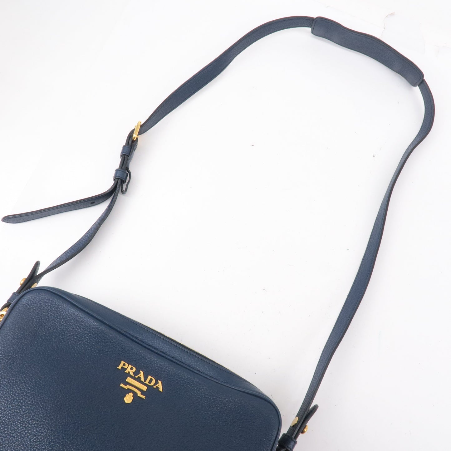 PRADA Logo Vitello Daino Leather Shoulder Bag Navy 1BH082