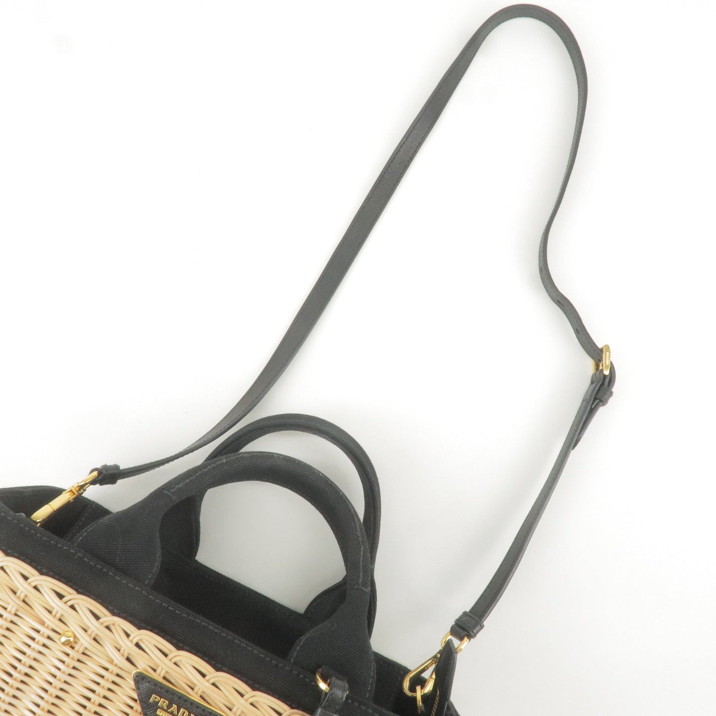 PRADA Wicker Canvas 2Way Basket Bag Hand Bag Black 1BG835