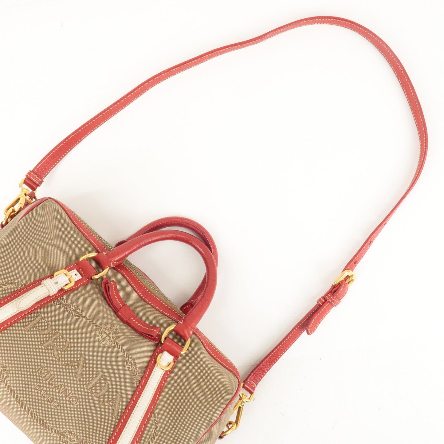 PRADA Logo Jacquard Canvas Leather 2Way Shoulder Bag Beige Red