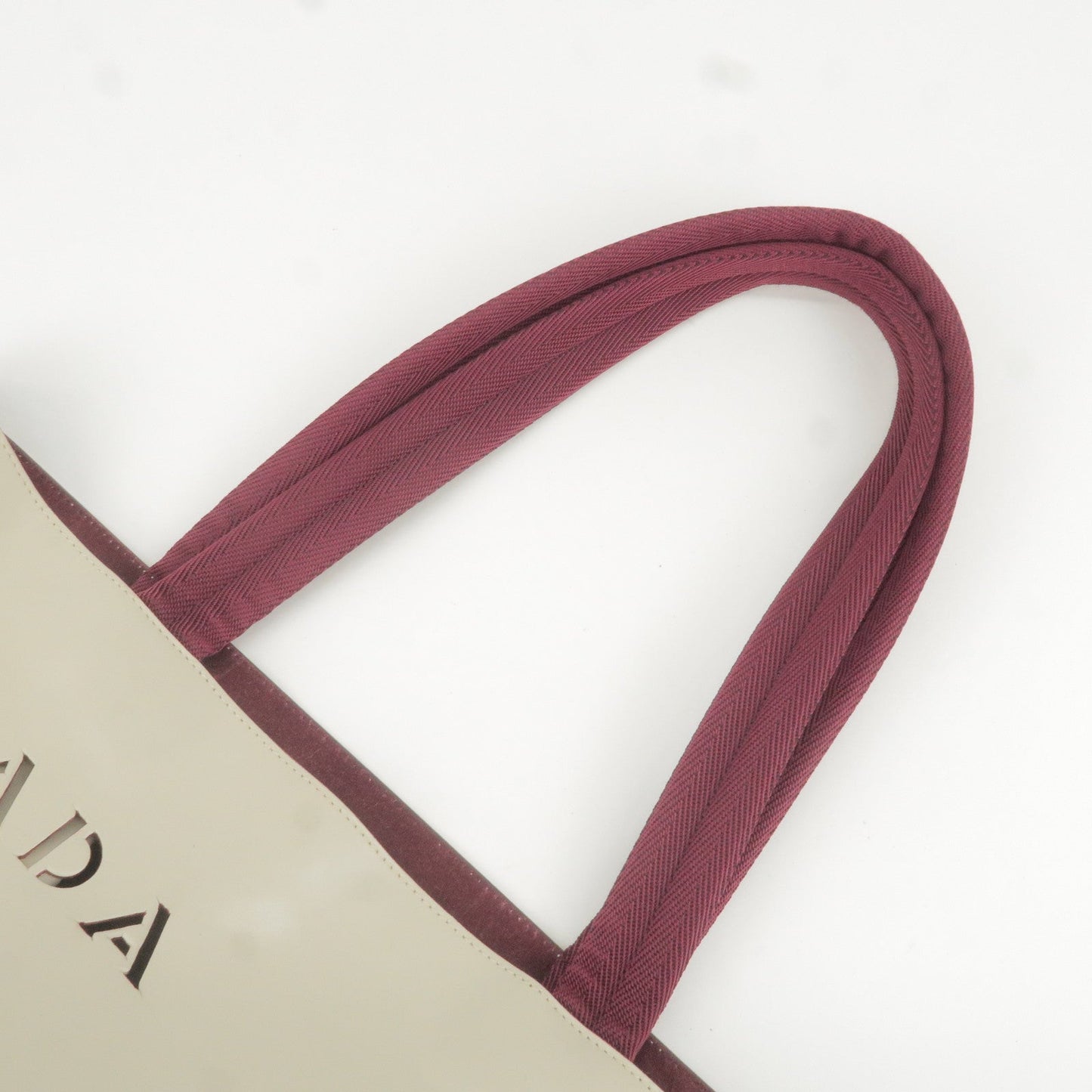 PRADA Leather Canvas Tote Bag Hand Bag Greige Red Wine B10189