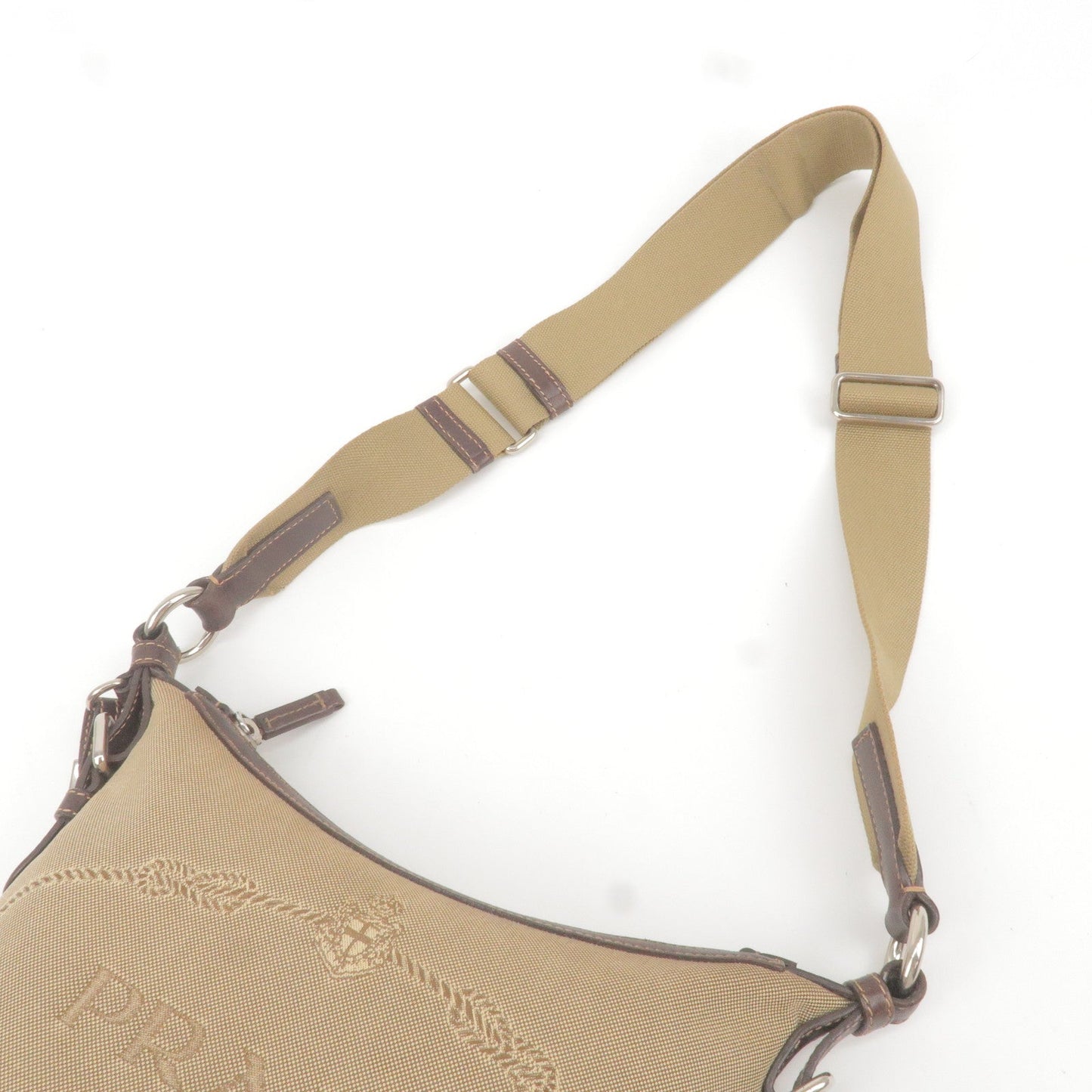 PRADA Logo Jacquard Leather Shoulder Bag Beige Brown BT0534