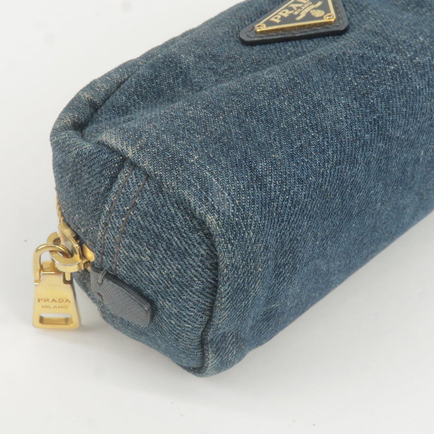 PRADA Logo Denim Cosmetic Pouch Clutch Bag Navy Gold Metal