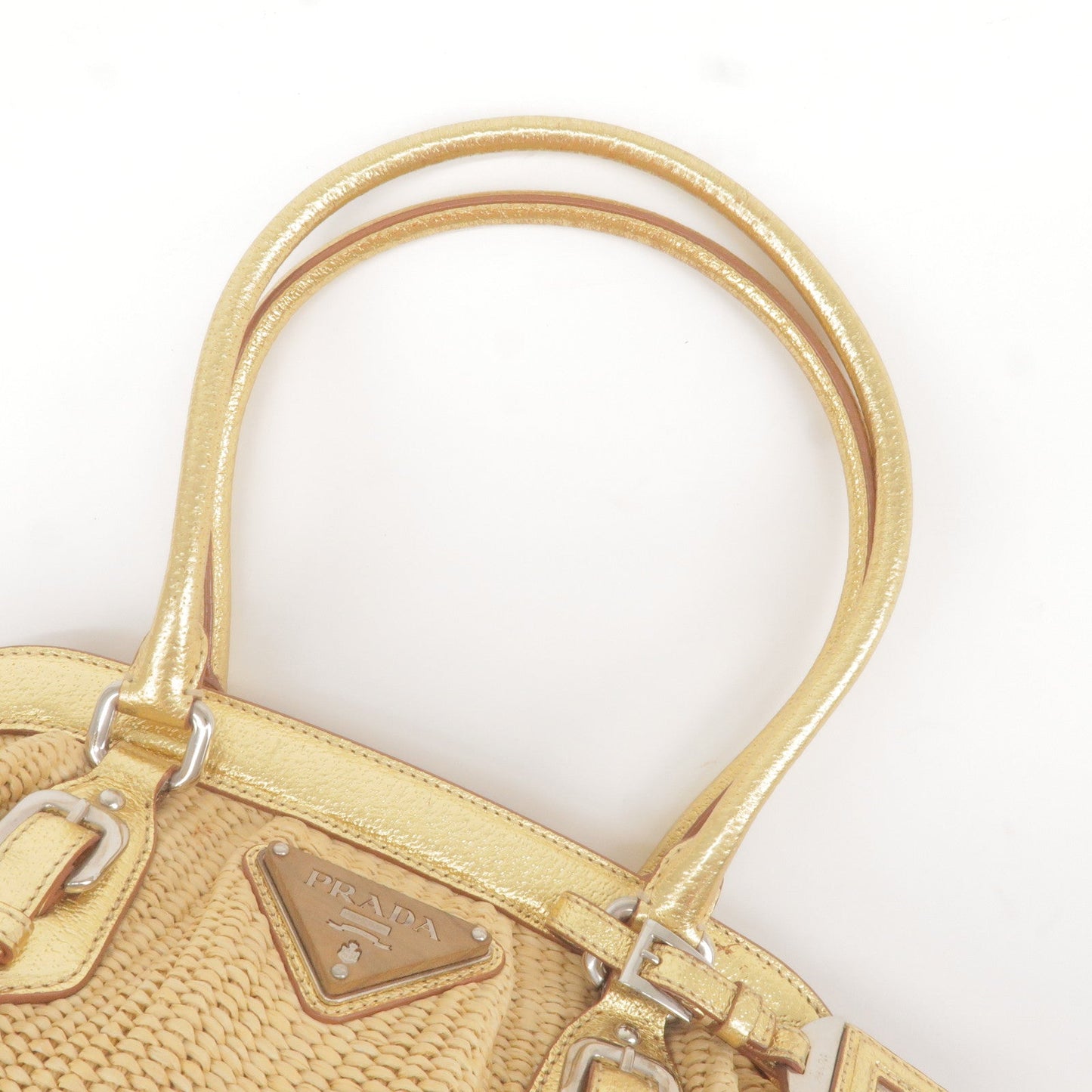 PRADA Paglia Straw Leather Shoulder Bag Metalic Gold BR3509