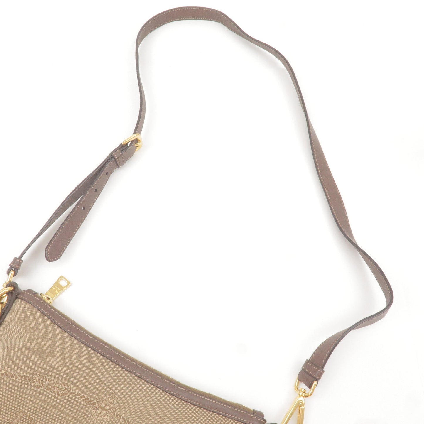 PRADA Logo Jacquard Leather Shoulder Bag Beige Brown BT867A